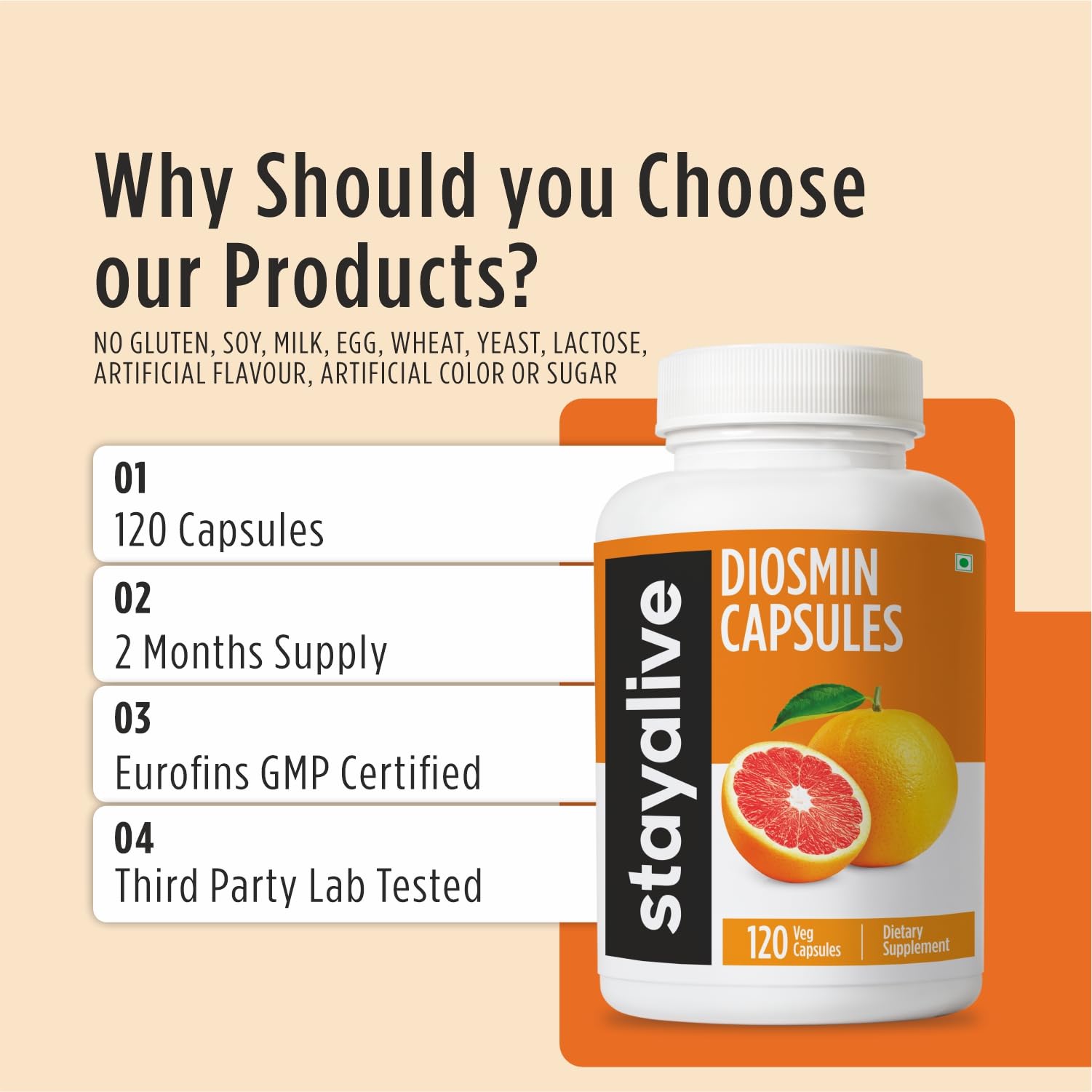 STAY ALIVE Pure Diosmin Complex 1000mg Formula, 120 Capsules, Citrus Bioflavonoids Rich Fruit Extract, 2 Month Supply, 100% Vegetarian, Non-GMO & Gluten Free Diosmin Supplement STAY ALIVE buy supplements canada