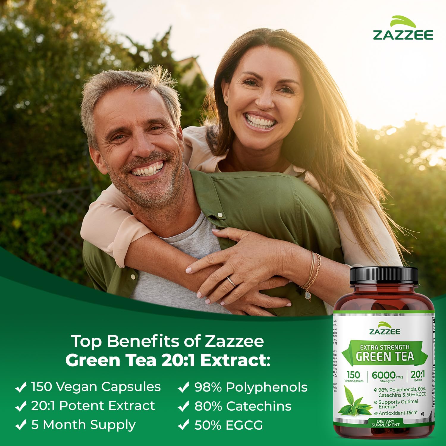 Zazzee Extra Strength Green Tea 20:1 Extract, 50% EGCG, 98% Polyphenols, 80% Catechins, 150 Vegan Capsules, 5 Month Supply, Certified Kosher Zazzee buy supplements canada