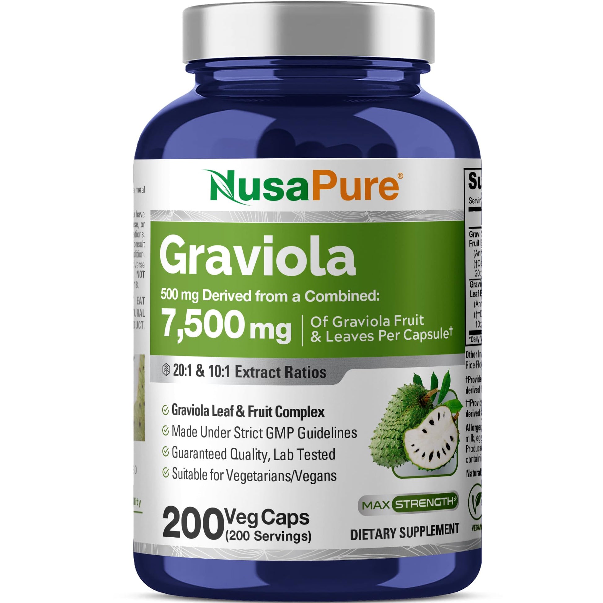 NusaPure Graviola 20:1 & 10:1 Extract - Suitable for Vegetarian/Vegan, Non- GMO - 7500 mg - 200 Capsules NusaPure buy supplements canada
