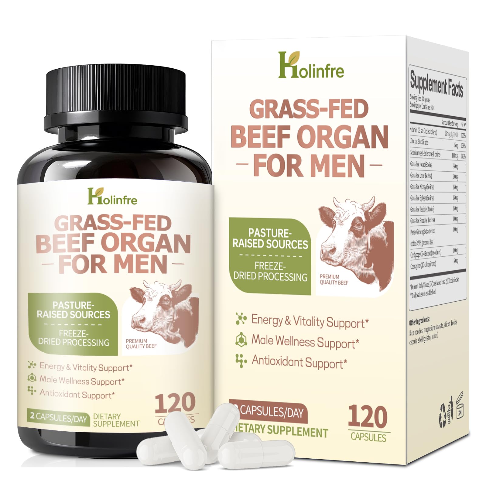 Grass Fed Beef Organ Supplement for Men - Beef Liver Capsules,Pasture Raised Beef Organs with Heart, Liver, Kidney, Spleen, Testicle & Prostate, Zinc, Selenium, Vitamin D3, Ginseng, Cordyceps HOLINFRE buy supplements canada