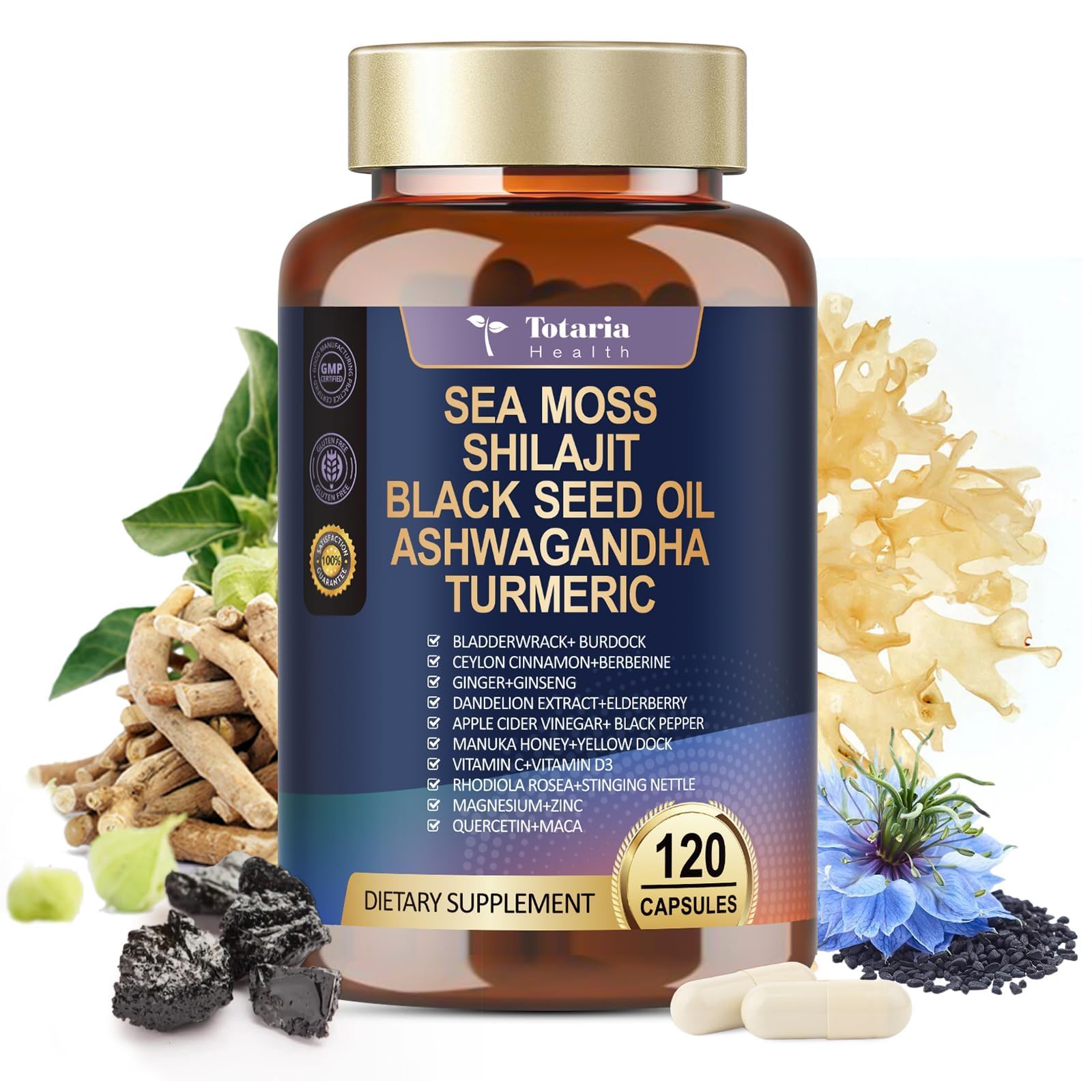 25-in-1 Sea Moss Black Seed Oil Ashwagandha Ginger Shilajit Supplement, Sea Moss Capsules Pro with Bladder Burdock Ceylon Cinnamon Berberine ACV Manuka VIT C & D3 for Men Women, 120 Vegan Caps Totaria buy supplements canada