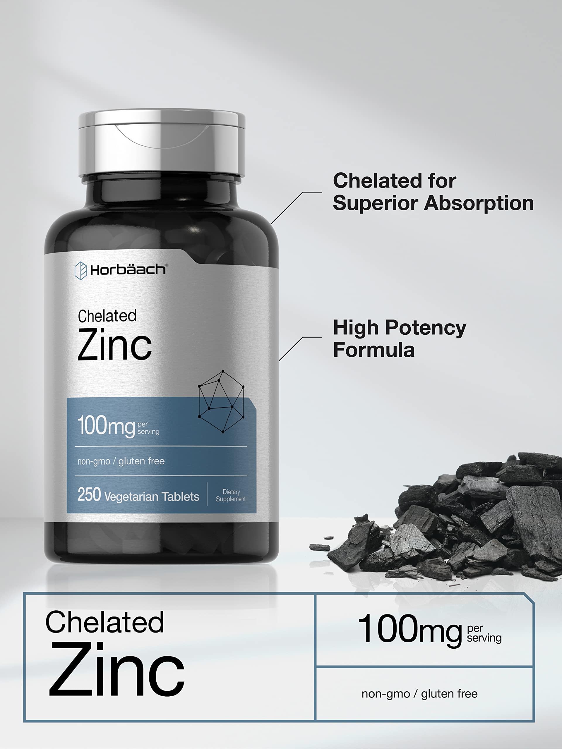 Horbäach Chelated Zinc Supplement 100mg | 250 Tablets | High Potency & Superior Absorption | Vegetarian, Non-GMO, Gluten Free Horbäach buy supplements canada