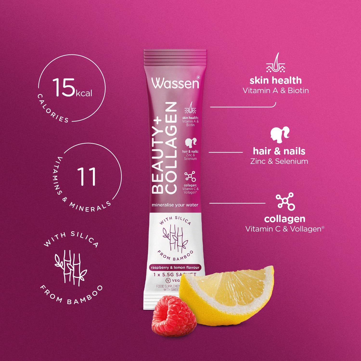 Wassen Beauty and Collagen - Plant-Based Vegan Collagen - 14 Raspberry & Lemon Flavoured Sachets Wassen buy supplements canada
