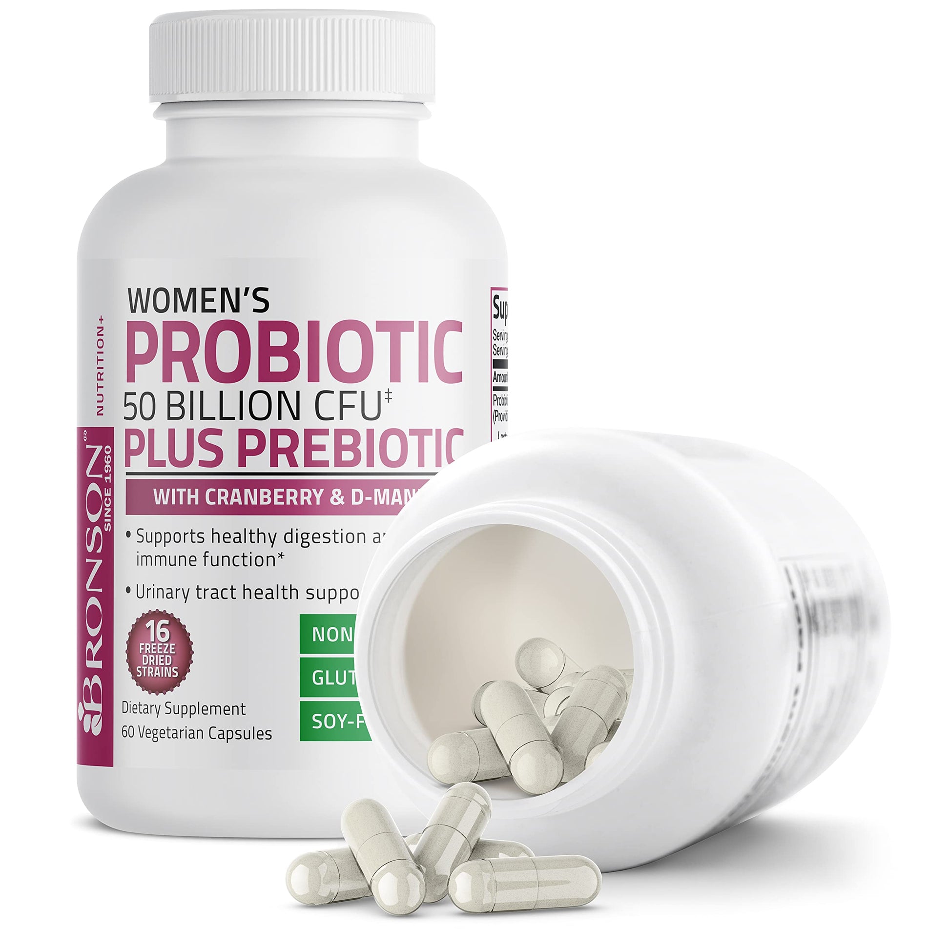 Bronson Women's Probiotic 50 Billion CFU + Prebiotic with Cranberry & D-Mannose – Vaginal Health, Healthy Digestion, Immune Function and Urinary Tract Support, Non-GMO, 60 Vegetarian Capsules Bronson buy supplements canada