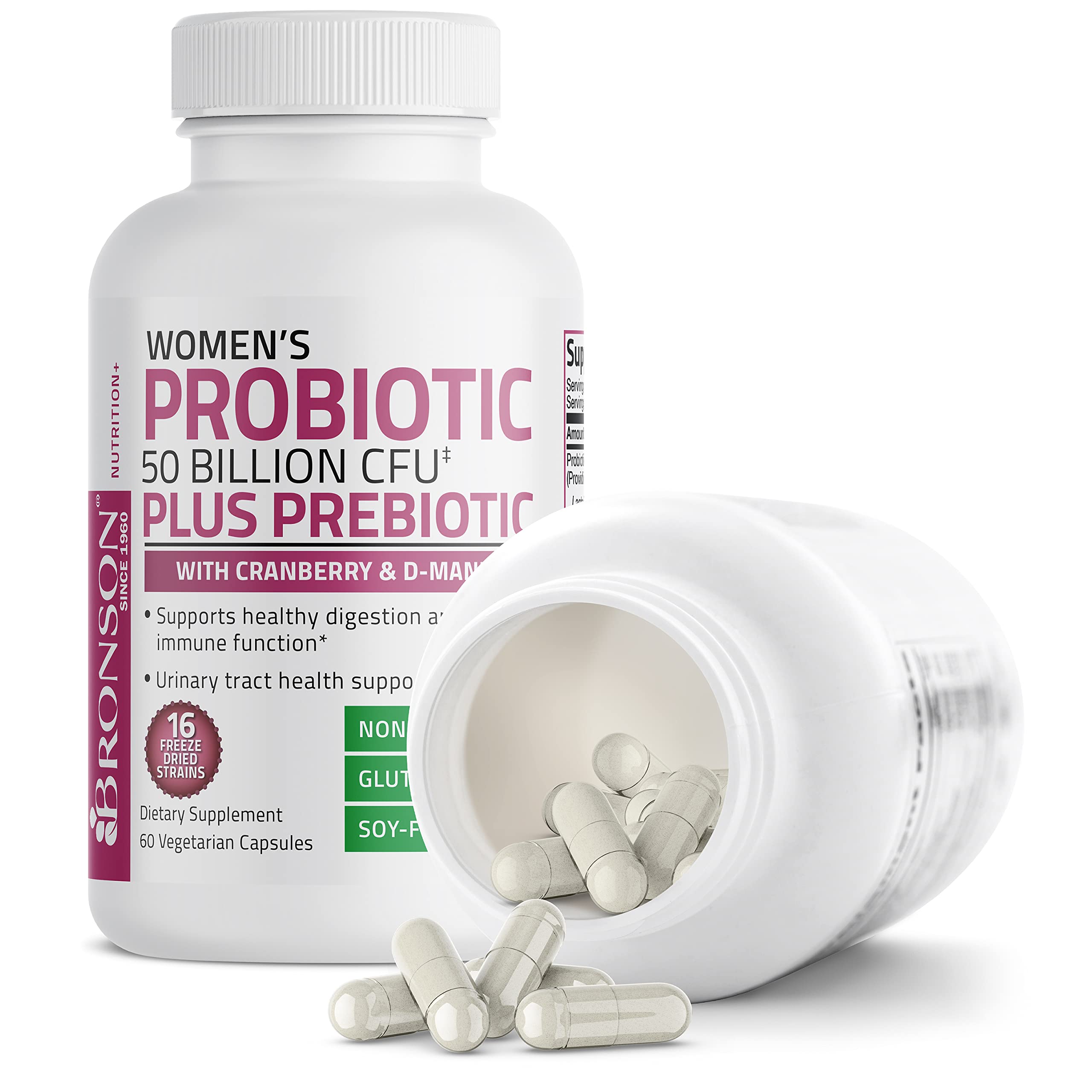 Bronson Women's Probiotic 50 Billion CFU + Prebiotic with Cranberry & D-Mannose – Vaginal Health, Healthy Digestion, Immune Function and Urinary Tract Support, Non-GMO, 60 Vegetarian Capsules Bronson buy supplements canada