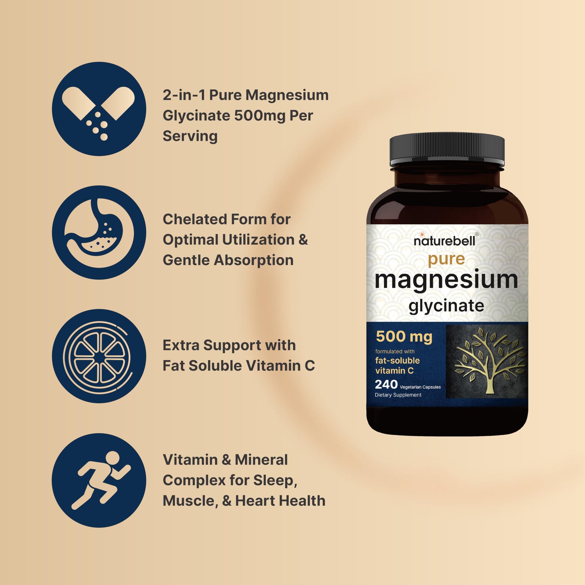 Naturebell Pure Magnesium Glycinate 500mg, 240 Veggie Capsules | 100% Chelated & Purified – 3rd Party Tested, Vegan Friendly, Non-GMO, Fiiler Free NatureBell buy supplements canada