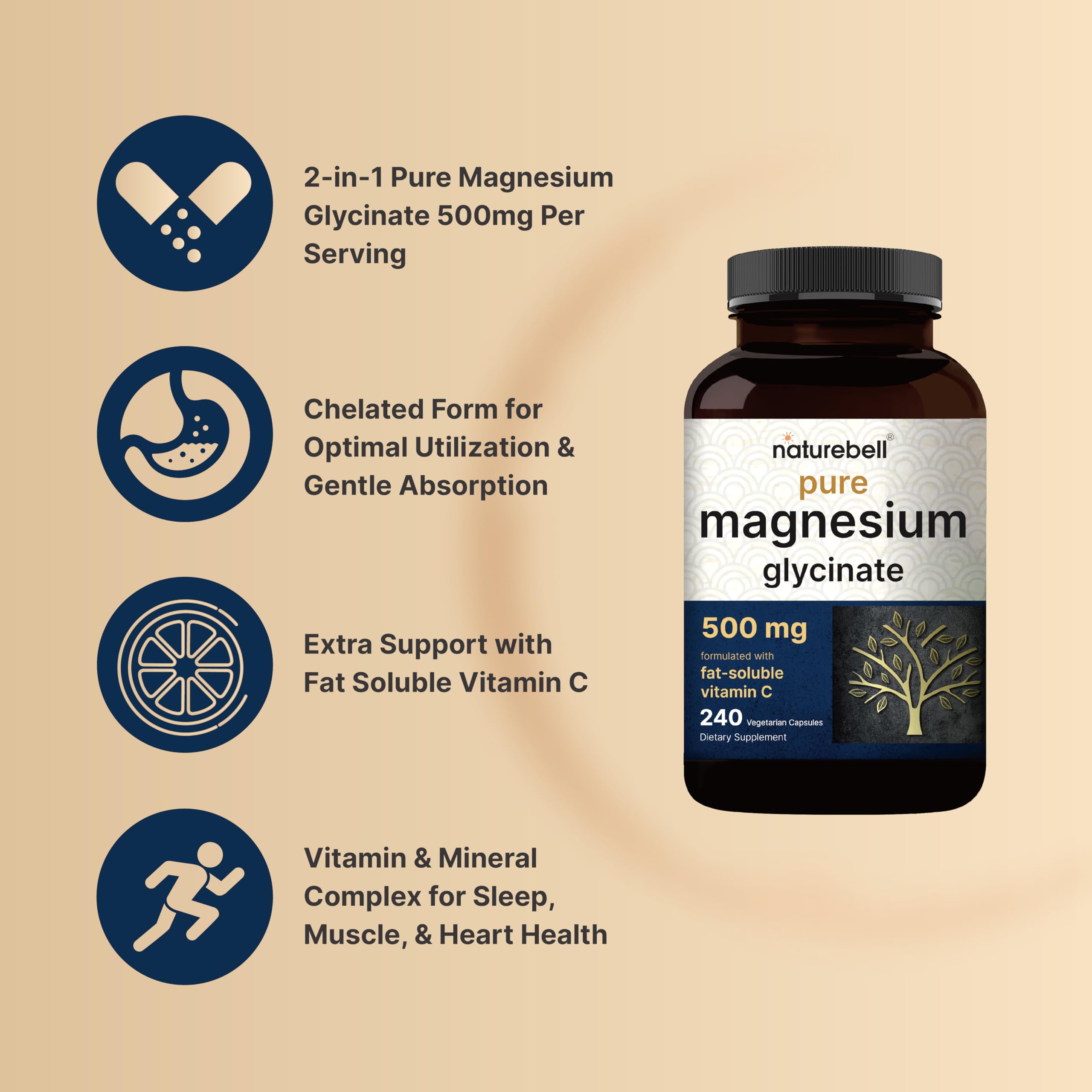 Naturebell Pure Magnesium Glycinate 500mg, 240 Veggie Capsules | 100% Chelated & Purified – 3rd Party Tested, Vegan Friendly, Non-GMO, Filler Free NatureBell buy supplements canada
