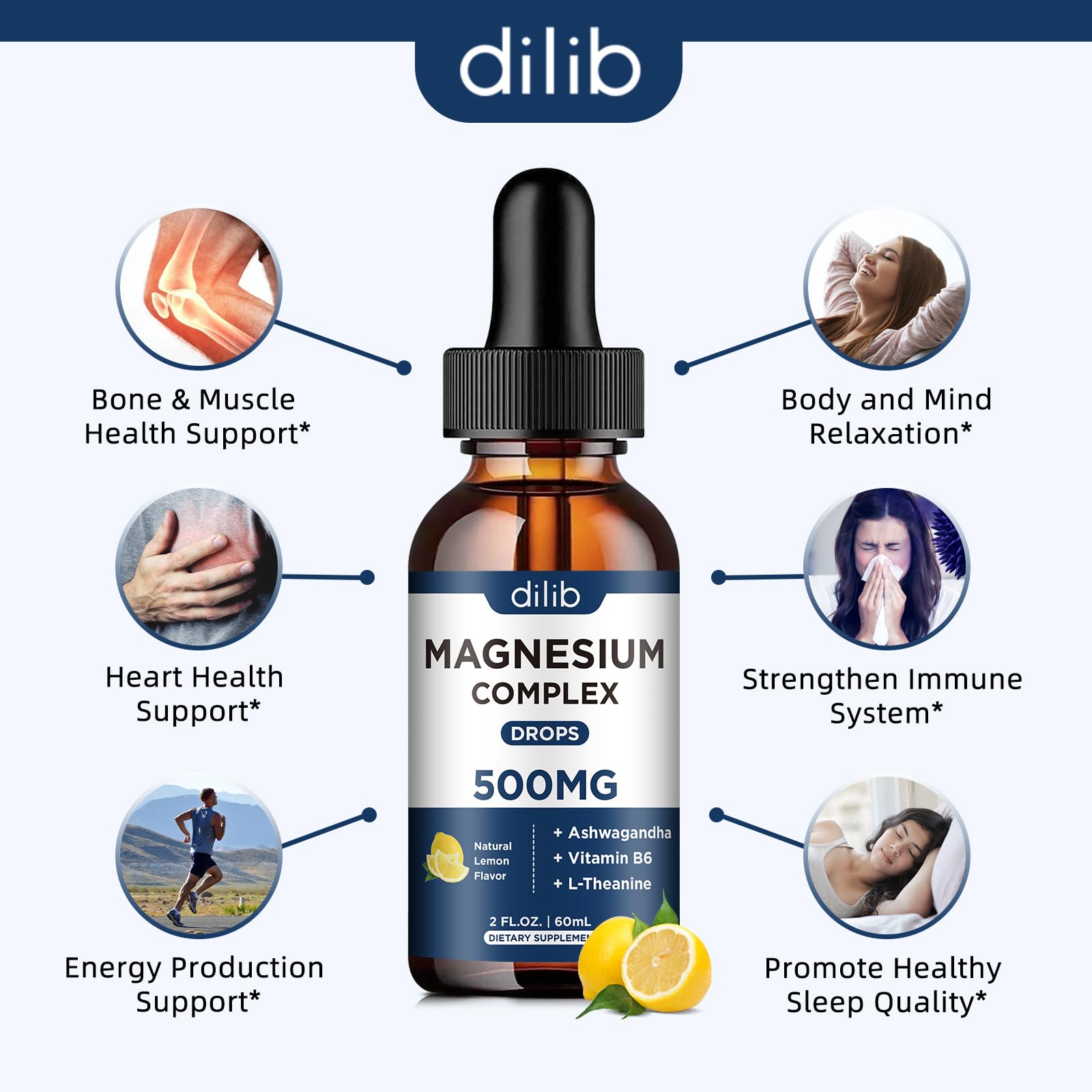 Magnesium Glycinate Liquid Drops, Triple Magnesium Complex Supplement with Citrate, Malate 500mg Ashwagandha, L-Theanine, Vitamin B6 for Sleep, Calm, Stress Relief, Bone, Muscle, Mood - Lemon Flavor dilib buy supplements canada