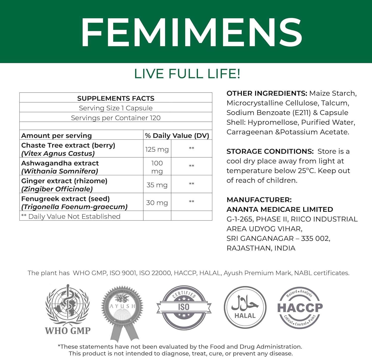 FEMIMENS – PMS Support Supplement for Women – PMS Relief for Women & Menstrual Cramp Relief – Hormonal Balance for Women – Chasteberry Vitex, Ashwagandha, Ginger, Fenugreek – 120 Vegan Capsules Ananta Medicare USA buy supplements canada