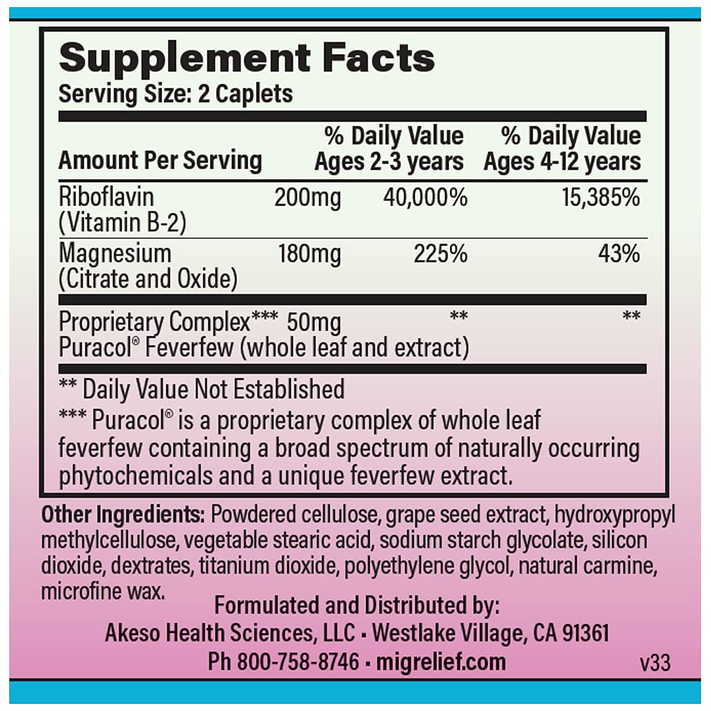 Children's MigreLief® - Triple Therapy with Puracol™ - Nutritional Support for Pediatric Migraine Sufferers - 60 Caplets/1 Month Supply MigreLief buy supplements canada