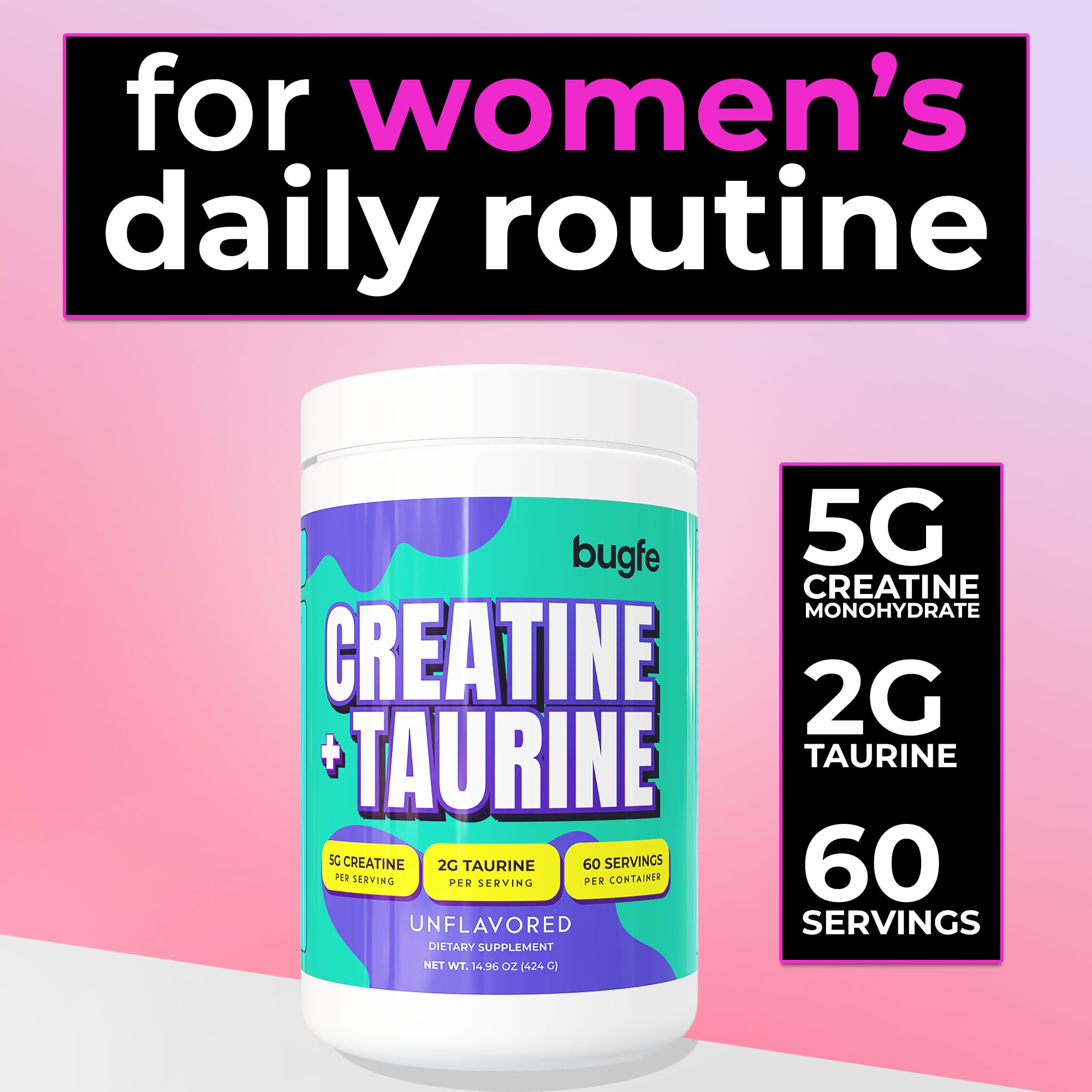 Creatine with Taurine for Women & Men - Unflavored Micronized Creatine Monohydrate Plus Taurine Powder to Support Muscle Strength, Recovery & Brain Health (60 Servings) Bugfe buy supplements canada
