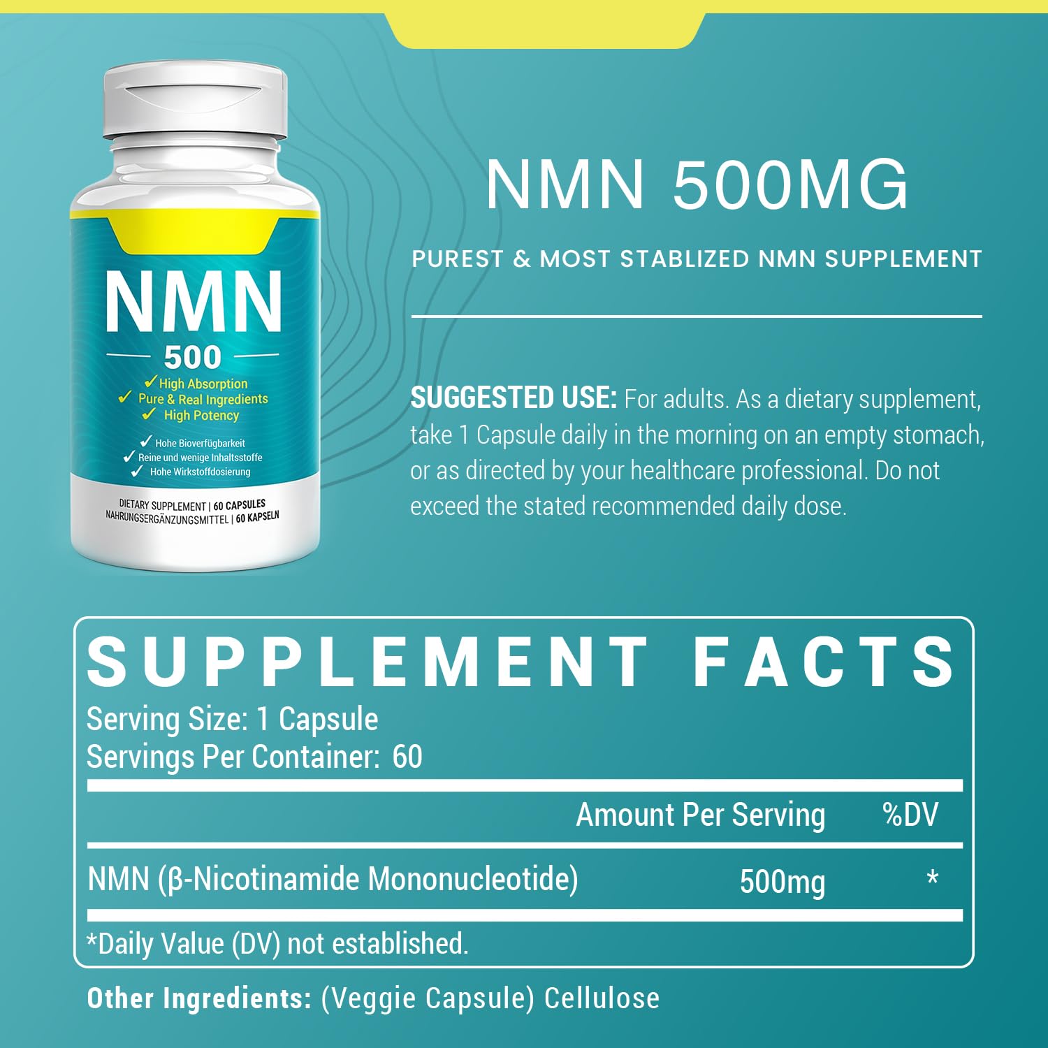 Vegan NMN Supplement 500mg, Higher Absorption - 99% Pure NMN (Nicotinamide Mononucleotide)for NAD+, Cellular Energy Immune Muscle, Anti-Aging & Longevity, Stabilized NMN - 60 Capsules (60 Days Supply) Nivantav buy supplements canada