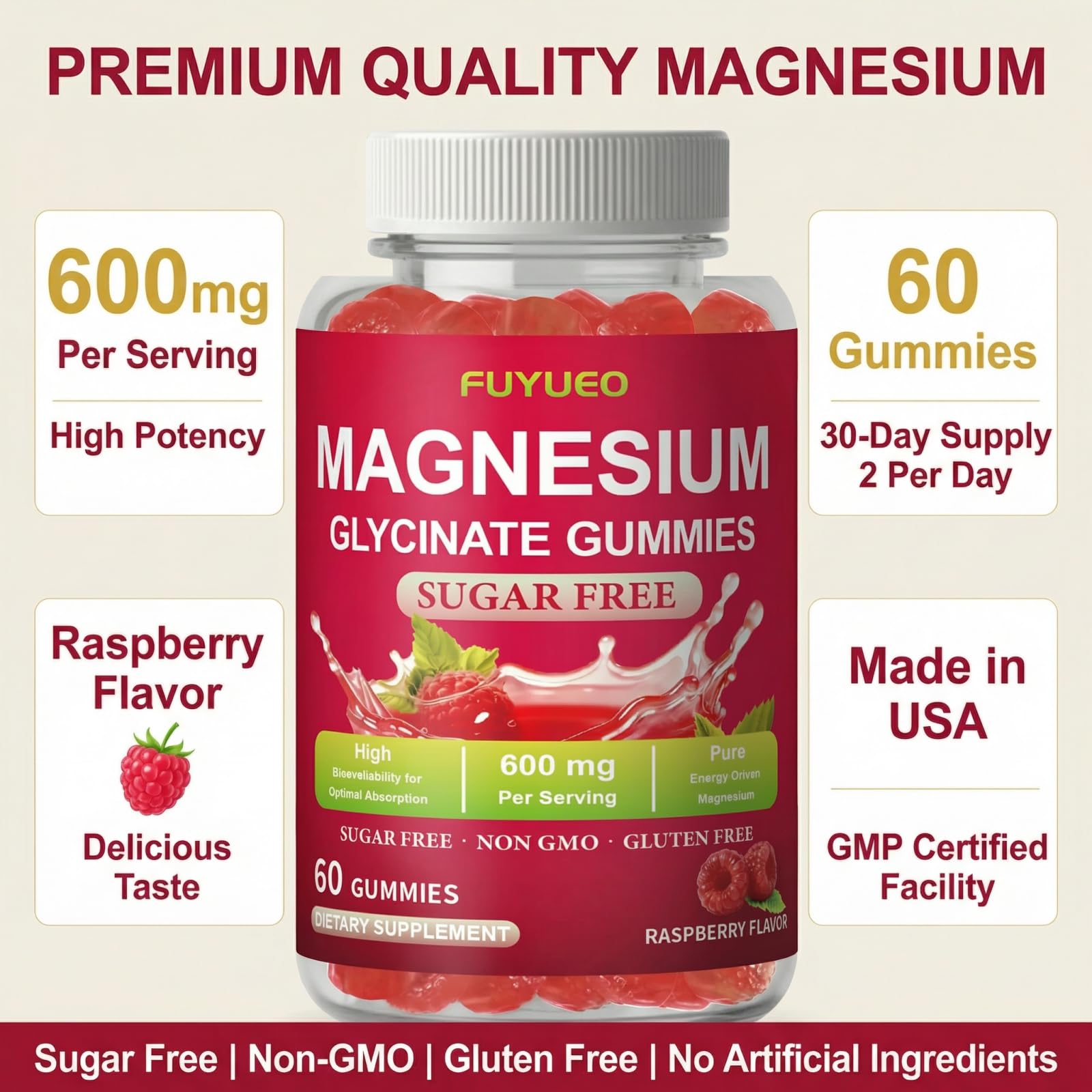FUYUEO Magnesium Glycinate Gummies for Sleep & Relaxation, Sugar Free High Absorption Magnesium Supplement for Men & Women, Gentle on Stomach, Chewable, Raspberry, 60 Count (Pack of 1) FUYUEO buy supplements canada