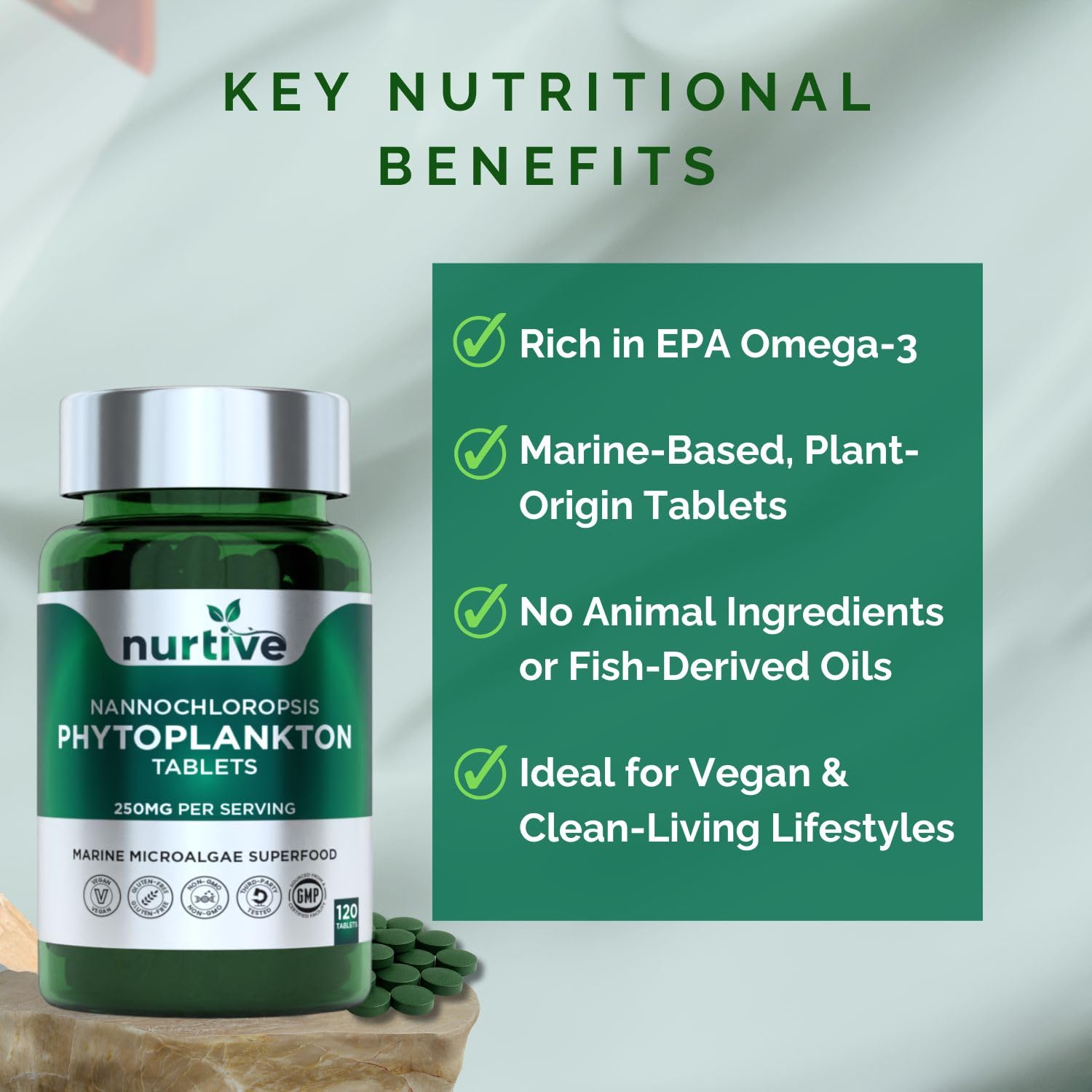 NURTIVE Nannochloropsis Phytoplankton Tablets – 250mg per Serving – Vegan, Gluten-Free, Non-GMO, No Fillers – Third-Party Tested, GMP Certified – 2 Tablets/Day for 2 Month, 120 Tablets/Bottle NURTIVE buy supplements canada