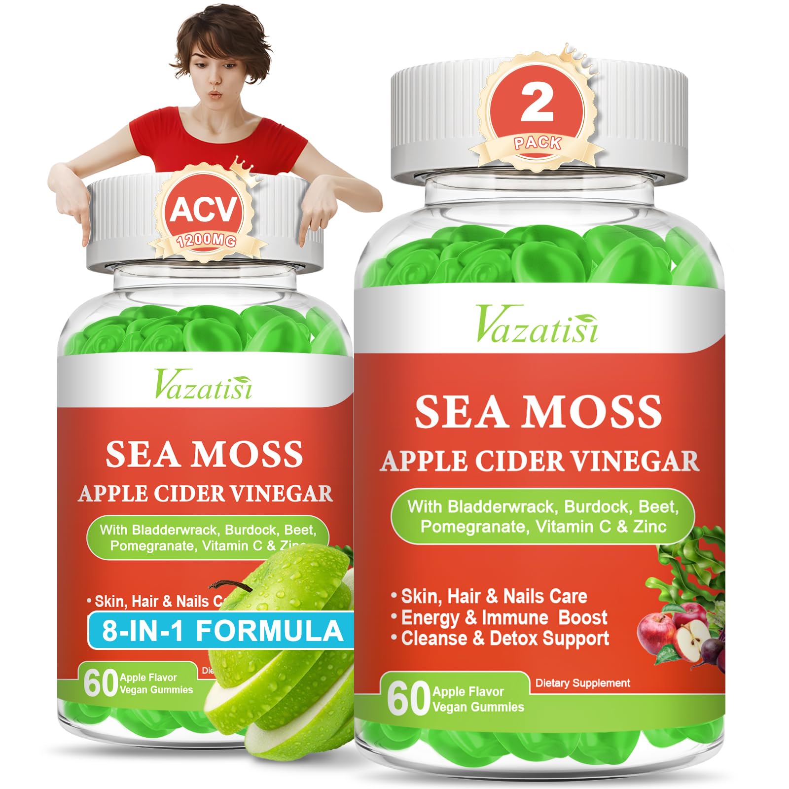 Vazatisi 2 Pack Apple Cider Vinegar Gummies, ACV with Sea Moss Gummies for Metabolism, Digestion, Detox, Gut & Immune Health, Apple Flavored -120 Count Vazatisi buy supplements canada