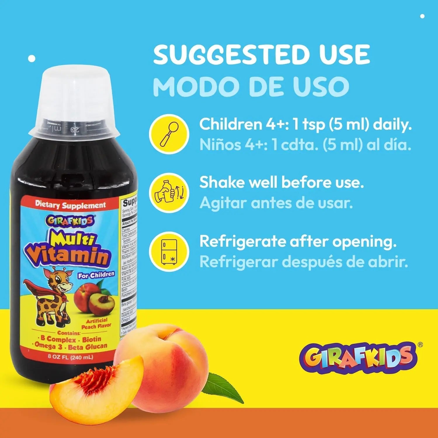 GirafKids Liquid Multivitamin for Kids Ages 4+, 8oz - Daily Child Vitamins with Biotin, Vitamin A, B Complex, Folic Acid, Omega-3 & Beta Glucan PHARMADEL buy supplements canada