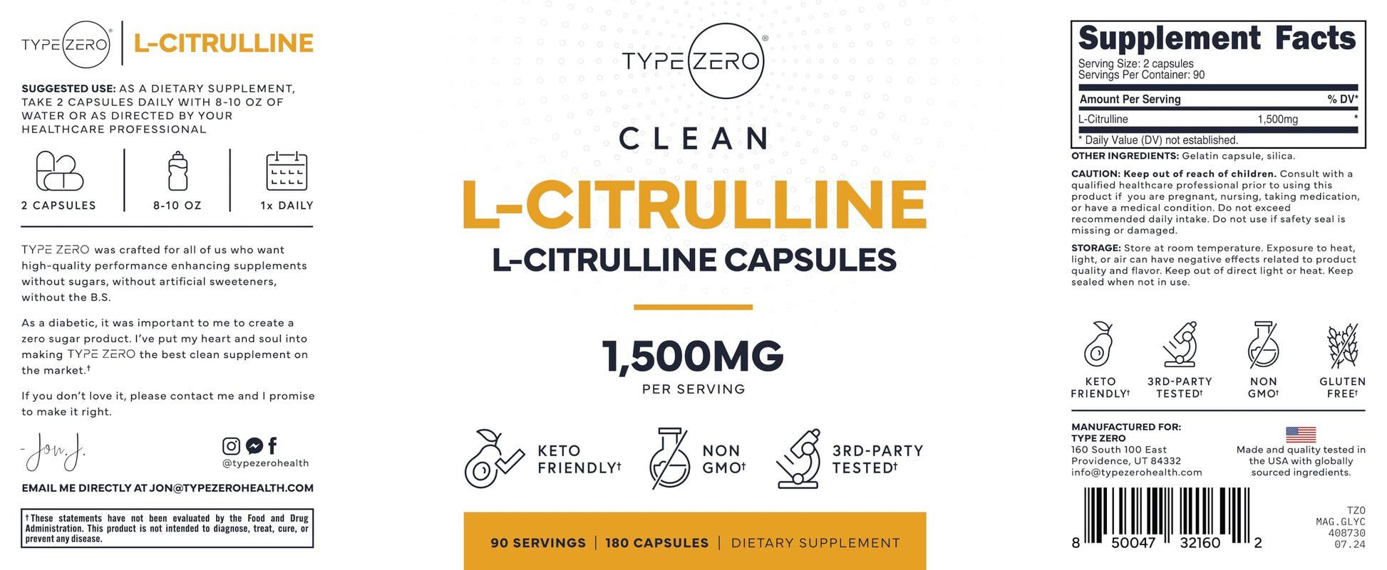 Type Zero L-Citrulline Capsules (180 Capsules) (1500 mg per Serving) - GMO-Free Type Zero buy supplements canada