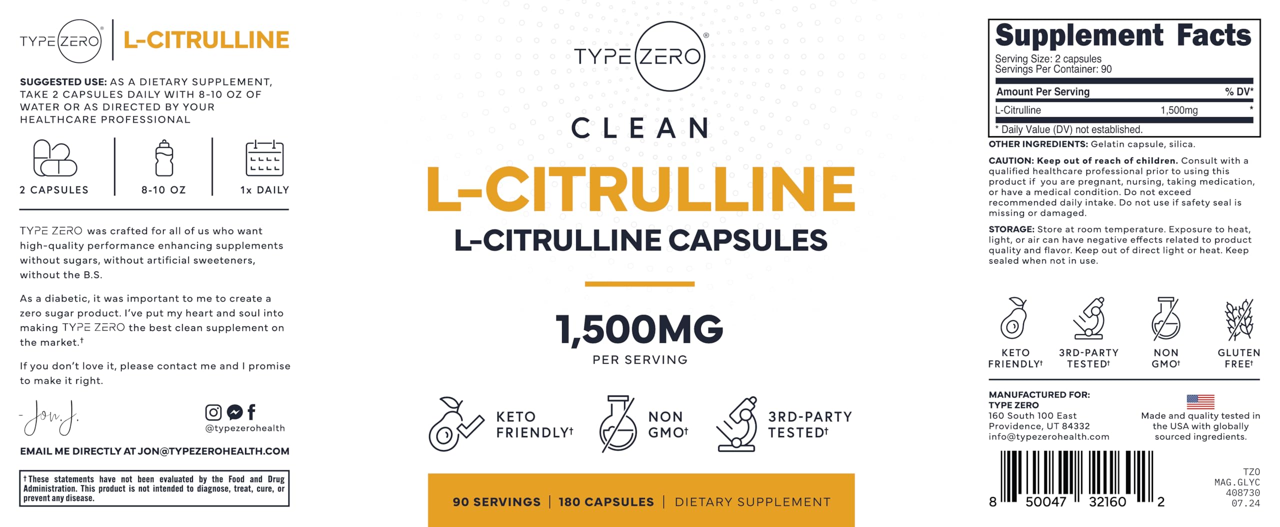Type Zero L-Citrulline Capsules (180 Capsules) (1500 mg per Serving) - GMO-Free Type Zero buy supplements canada