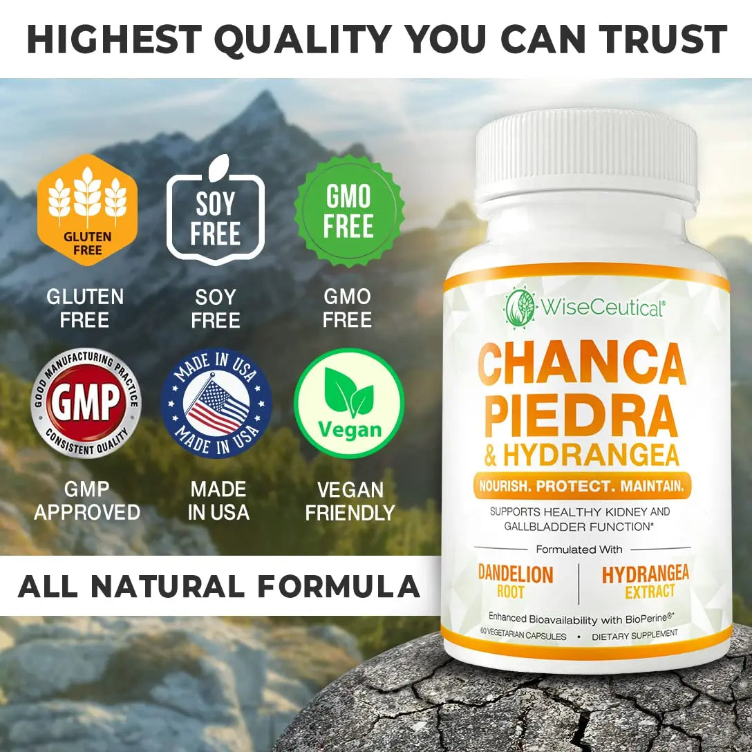 Max Strength Chanca Piedra, Hydrangea & Dandelion Root - Natural Kidney & Gallbladder Formula - Stone Breaker, Flush Impurities, Cleanse Urinary Tract - Enhanced with BioPerine. 60 Veggie Capsules. Wiseceutical buy supplements canada