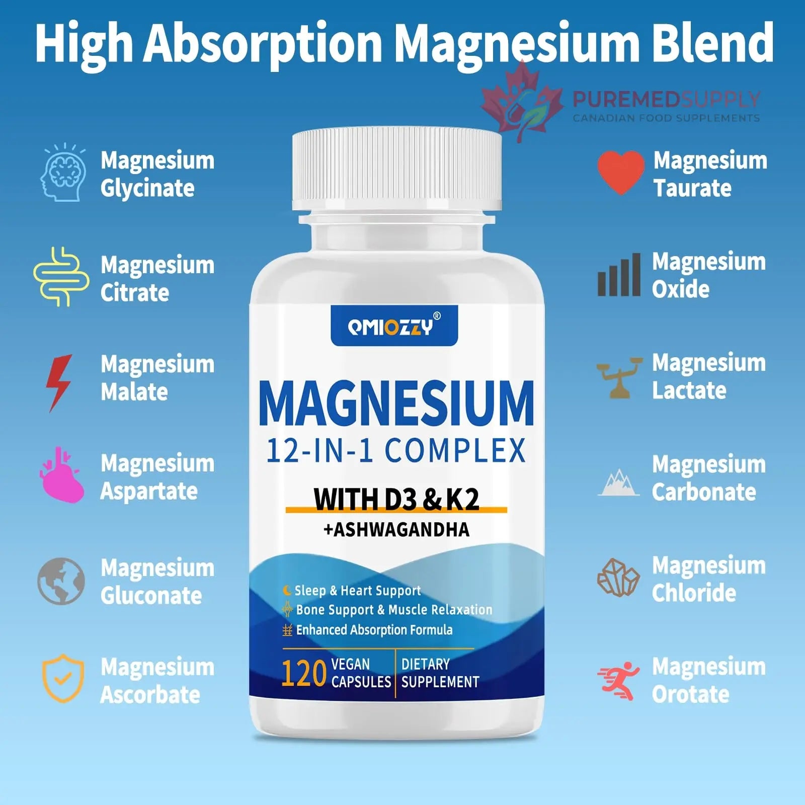 Magnesium Complex 12 in 1 Supplement for Women & Men 700mg, Magnesium Glycinate with Vitamin D3 K2, Citrate Malate Oxide Taurate Aspartate Orotate, for Relaxation, Heart, Energy, Muscle, 120 Capsules Qmiozzy buy supplements canada