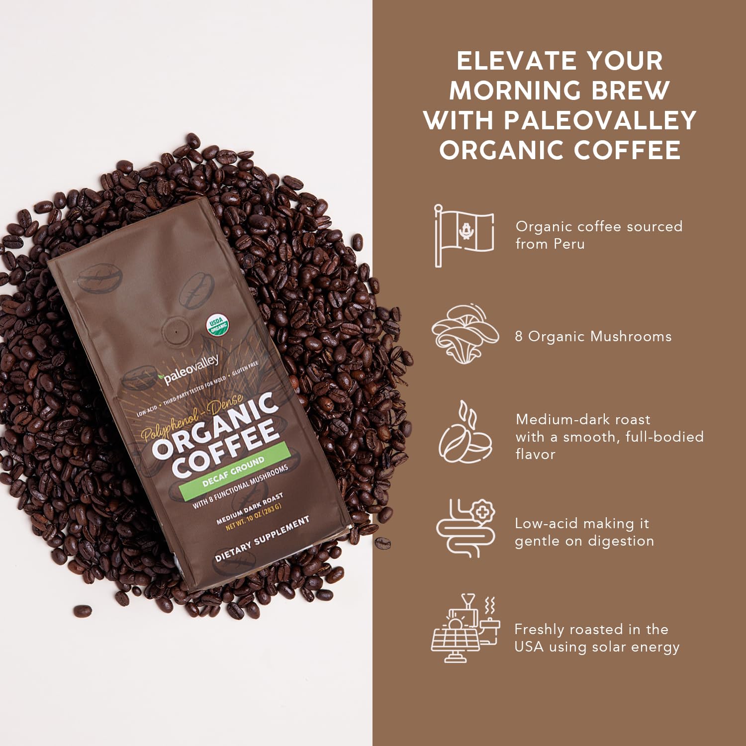 Paleovalley Organic Ground Coffee, 10oz - Decaf, Low Acid, Single-Origin, Polyphenol-Rich, Infused with Mushrooms Paleovalley buy supplements canada
