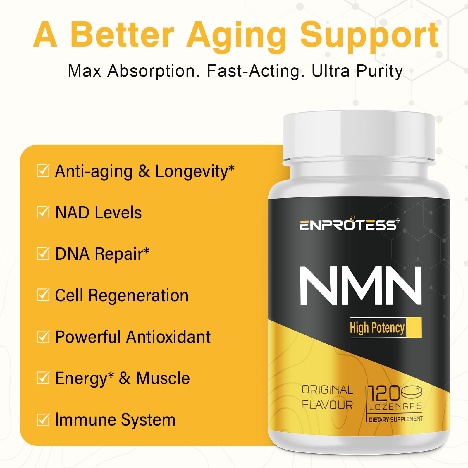Sublingual NMN 500mg, Max Absorbency & Fast-Acting NMN Supplement（120-Day Supply）, 99% Pure NMN (Nicotinamide Mononucleotide) for NAD, Cell, Immune, Energy, Muscle, Anti-Aging, Longevity, 120 Lozenges Enprotess buy supplements canada