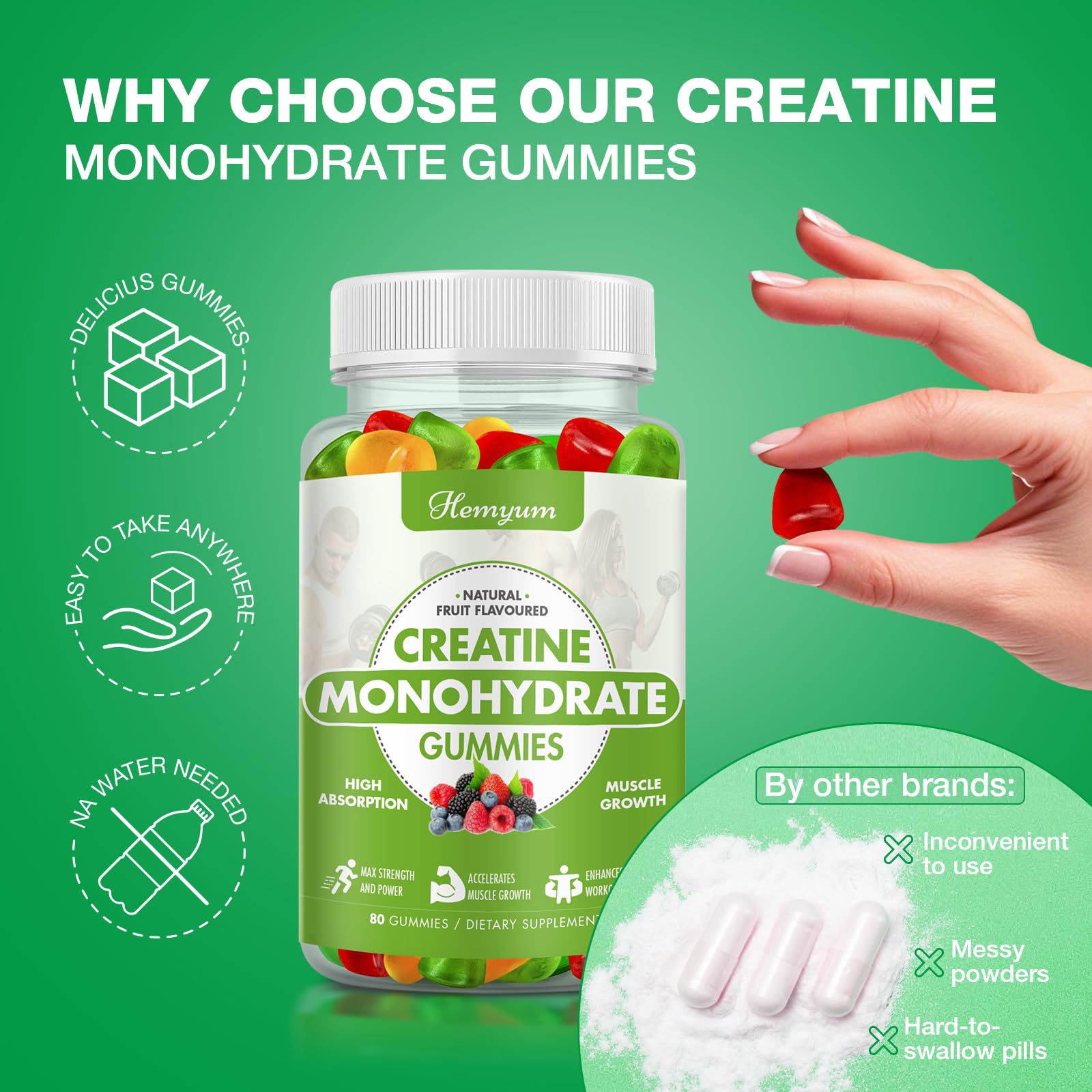 Creatine Monohydrate Gummies - Pre-Workout Creatine for Women Men, Enhanced Muscle Strength, Boost Focus and Endurance, Muscle Builder,Complex L-Taurine + Vitamin B12,Vegan, Gluten-Free 160 Count Hemyum buy supplements canada