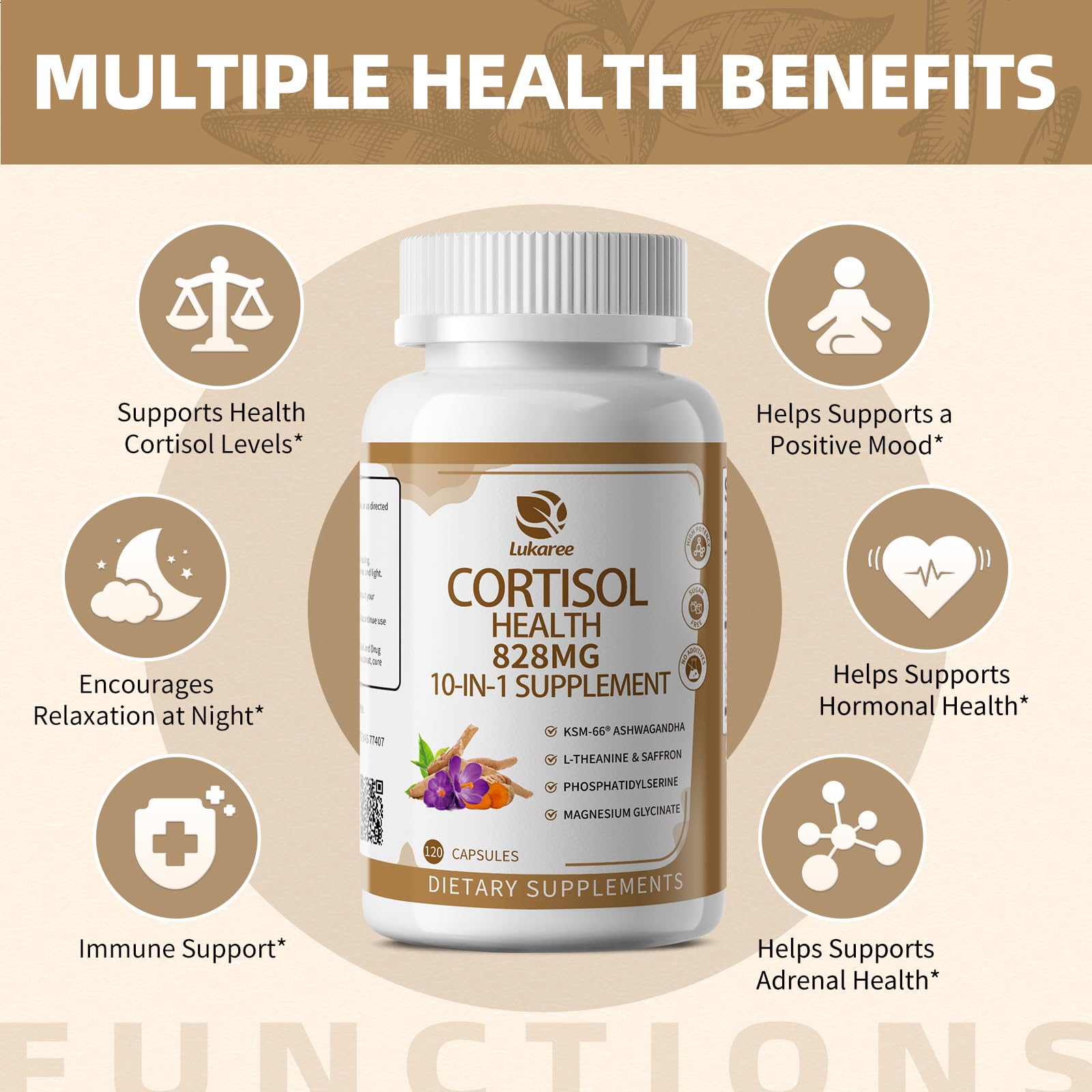10-IN-1 Cortisol Supplements w/ KSM-66® Ashwagandha 300mg + L-Theanine 250mg, Magnesium Glycinate, Saffron, Phosphatidylserine, Turmeric & Vitamin C D3 B6 B5, For Women Men, 120 Capsules 60-Day Supply Lukaree buy supplements canada