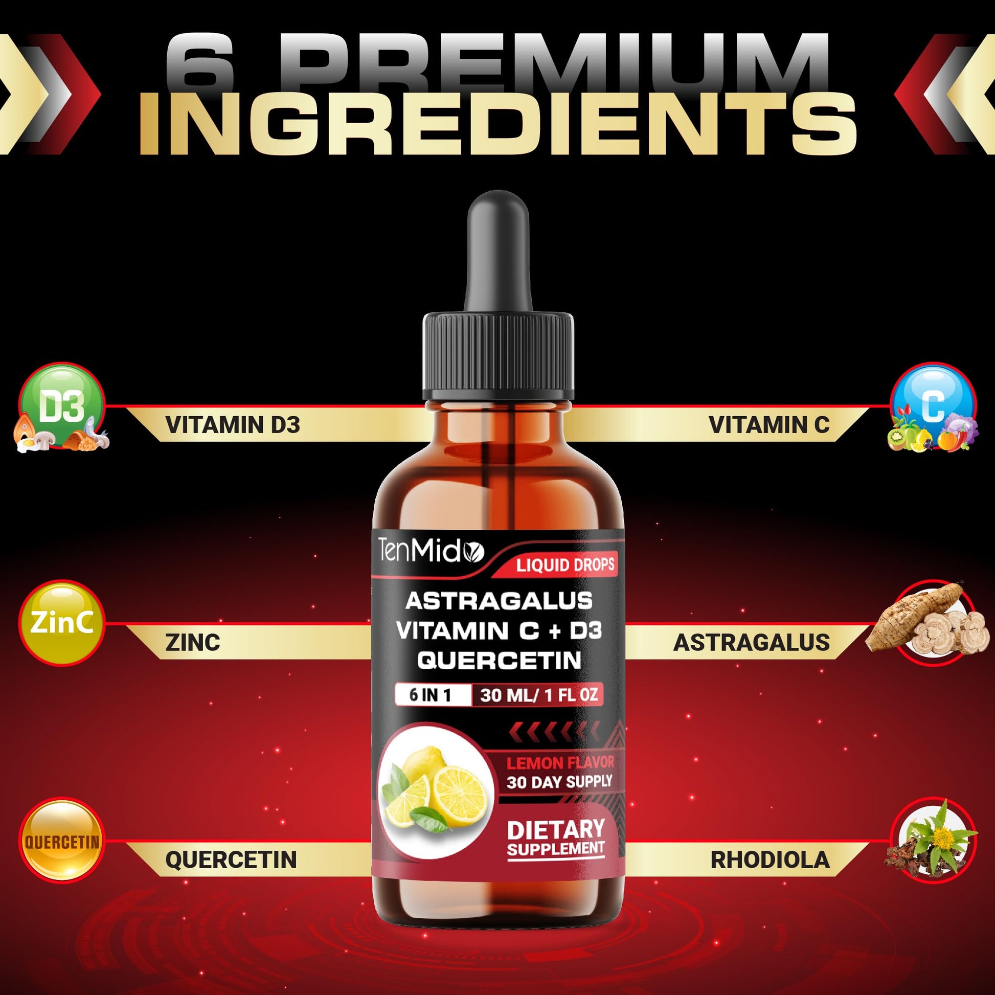 Tenmido 6-in-1 Astragalus Root Tincture - Herbal Extract Supplements with Quercetin, Rhodiola Rosea, Vitamin D3, Vitamin C, and Zinc - Vegan, Non-GMO - 30ml 1 Fl Oz Tenmido buy supplements canada