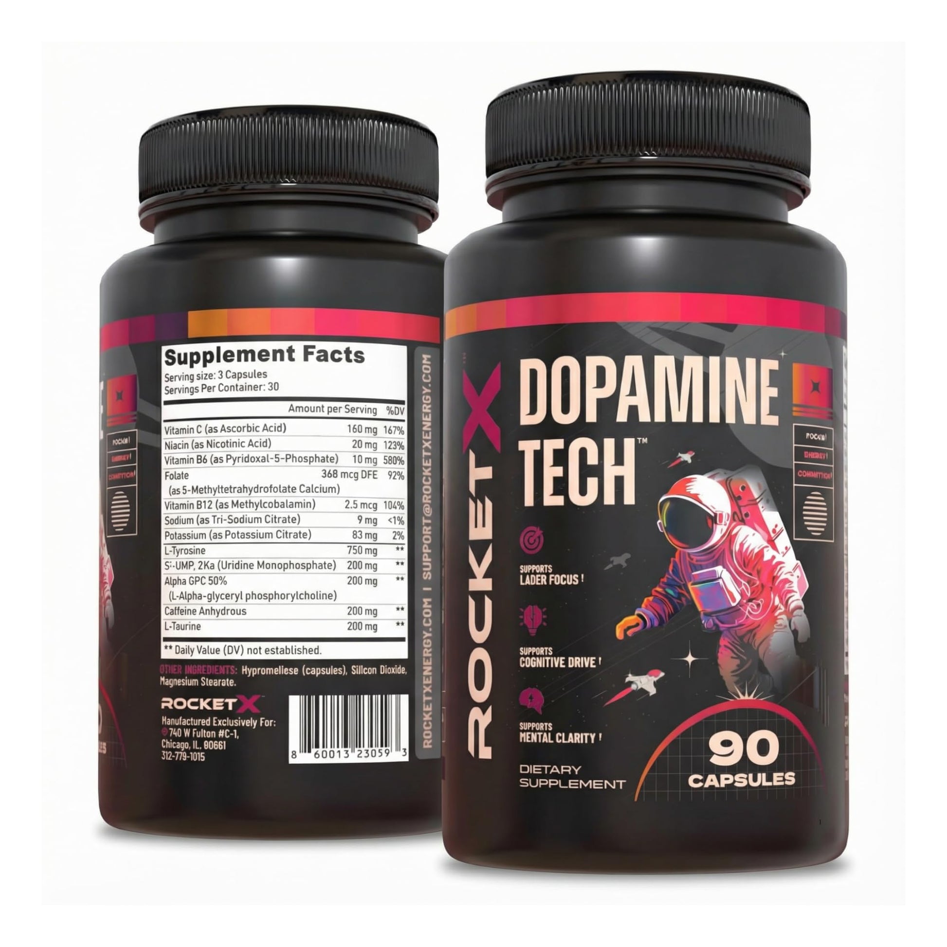 RocketX Dopamine Tech Brain Food Supplement, with L-Tyrosine and B Vitamins for Focus, Mental Clarity and Cognitive Drive, Vegan Capsules, 90 Capsules RocketX Energy buy supplements canada