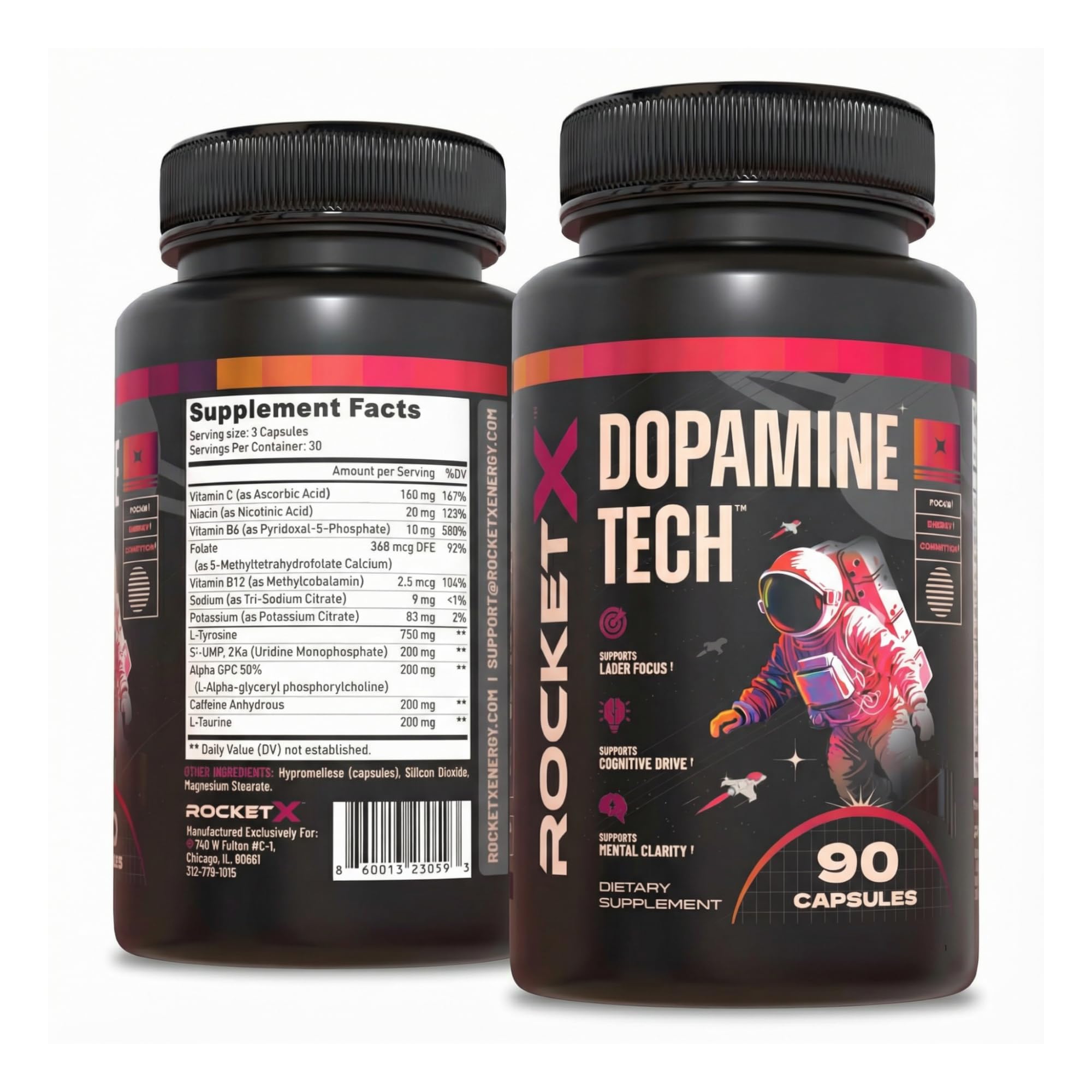 RocketX Dopamine Tech Brain Food Supplement, with L-Tyrosine and B Vitamins for Focus, Mental Clarity and Cognitive Drive, Vegan Capsules, 90 Capsules RocketX Energy buy supplements canada