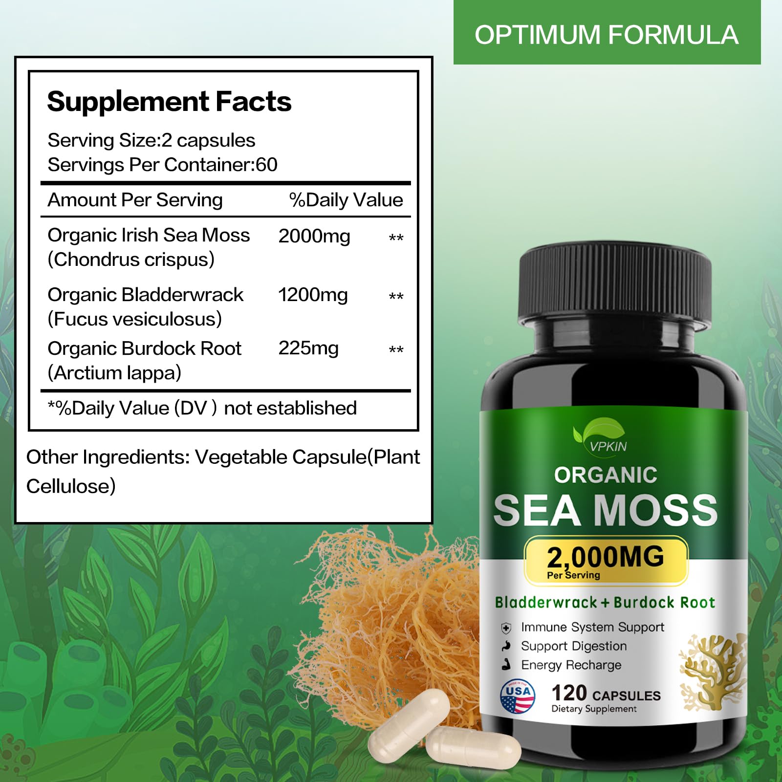 VPKIN Organic Sea Moss Capsules with Bladderwrack,Burdock Root and Black Pepper Extract-Irish SeaMoss Pills 2000mg-Promotes Immune System,Thyroid Support(120 Capsules) VPKIN buy supplements canada