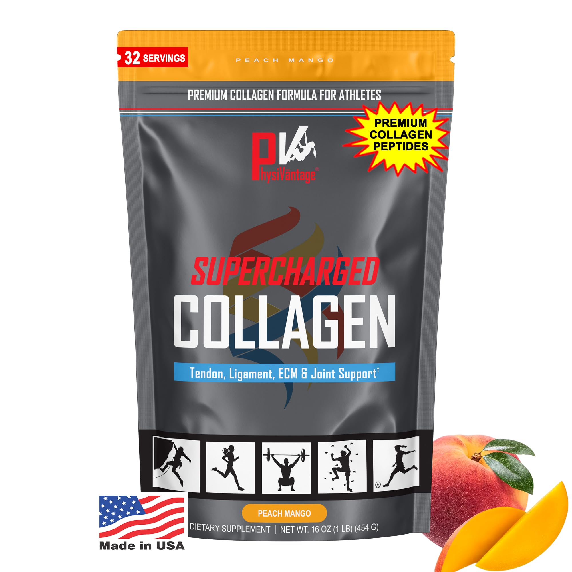 PhysiVantage Supercharged Collagen Peptides Powder - Hydrolyzed Collagen for Joint, Tendon, Ligament, & Skin Health Support - Peach Mango, Keto, Paleo, 16oz | Enhanced with Vitamin C, BCAAs, Grass-Fed PhysiVantage buy supplements canada