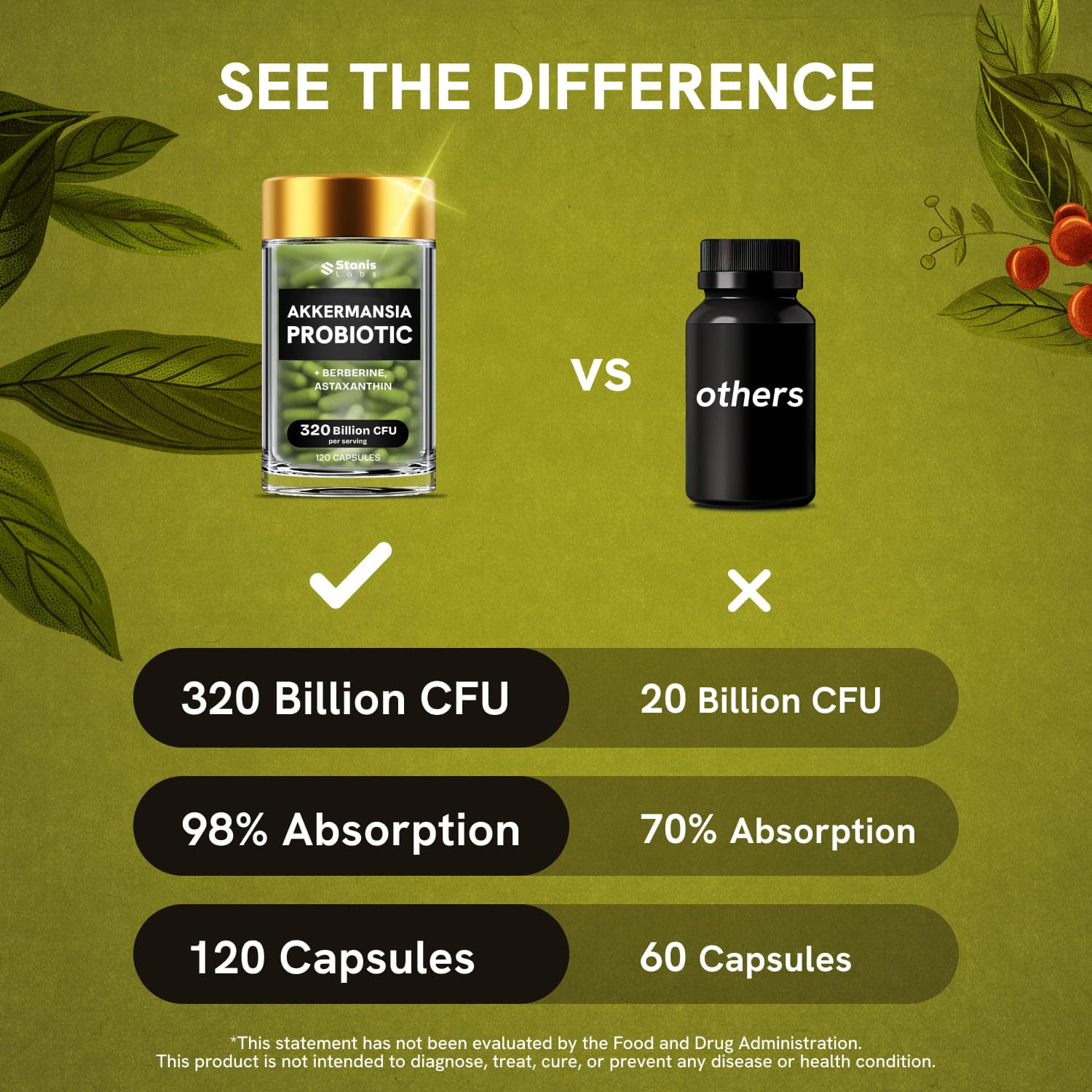 Akkermansia Muciniphila Probiotics 320 Billion CFU| Probiotic and Prebiotic | Akkermansia Probiotics for gut health | Inulin Prebiotic Fiber Capsules Astaxanthin & Berberine & Chromium | 120 capsules Stanis Labs buy supplements canada