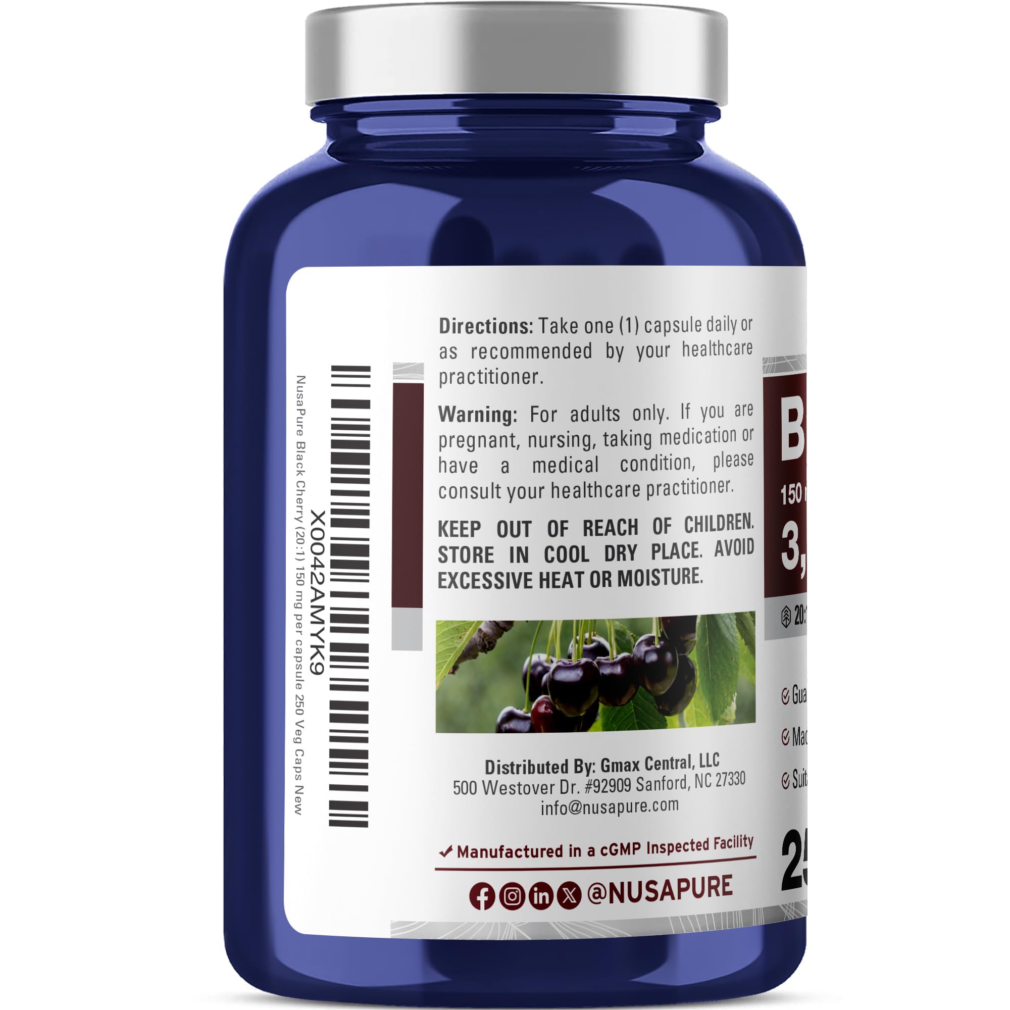 NusaPure Black Cherry Extract 20:1 - Suitable for Vegetarian/Vegan, Non - GMO - 3,000mg 250 Capsules NusaPure buy supplements canada