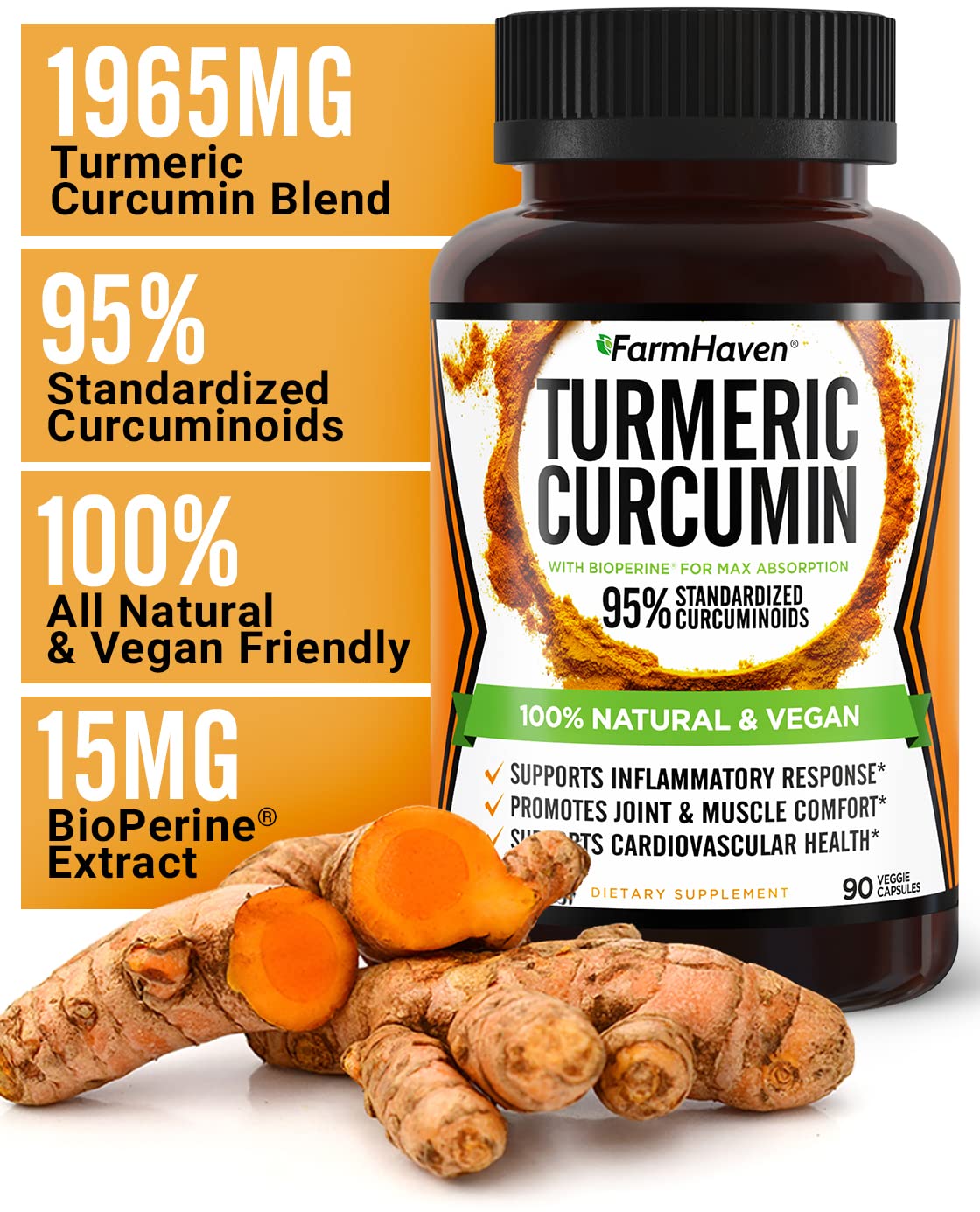 Turmeric Curcumin with BioPerine Black Pepper & 95% Curcuminoids, 1965mg, Maximum Absorption for Joint Support, Non-GMO Turmeric Capsules, FarmHaven buy supplements canada