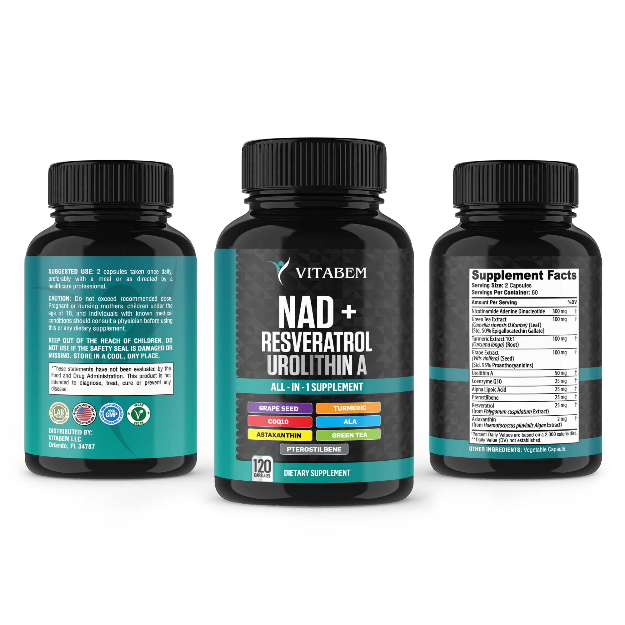 NAD+ Supplement Complex – NAD Supplement+ 300 mg with Astaxanthin, Urolithin A, Resveratrol, CoQ10 & Antioxidant Blend – Cellular Energy, Mitochondrial Support – 120 Count (Pack of 1) Vitabem buy supplements canada