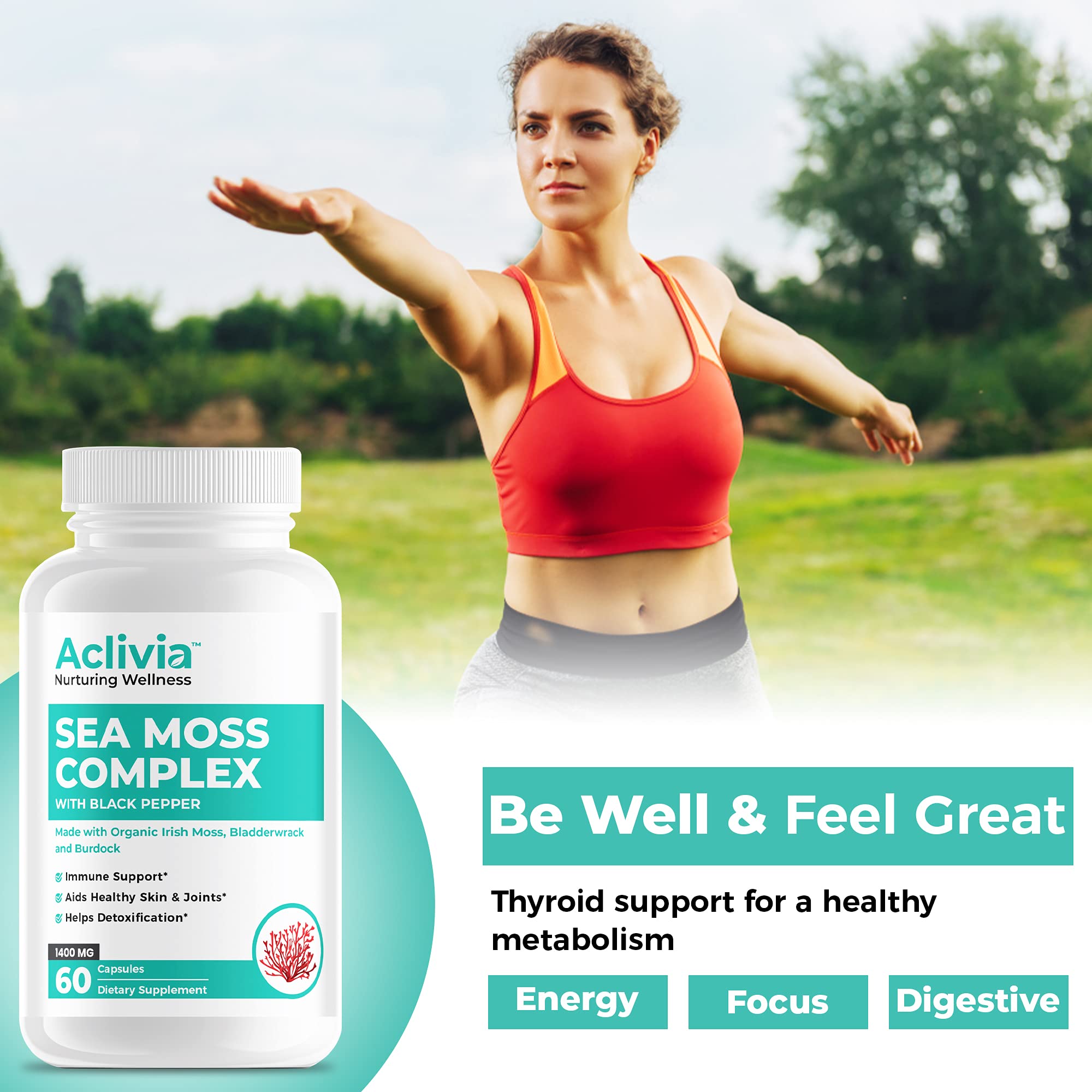 Aclivia - Organic Irish Sea Moss Capsules with Bladderwrack & Burdock Root - 102 Minerals Sea Moss Supplement - Thyroid Support, Immune Boost - Non-GMO (60 Count) Aclivia buy supplements canada
