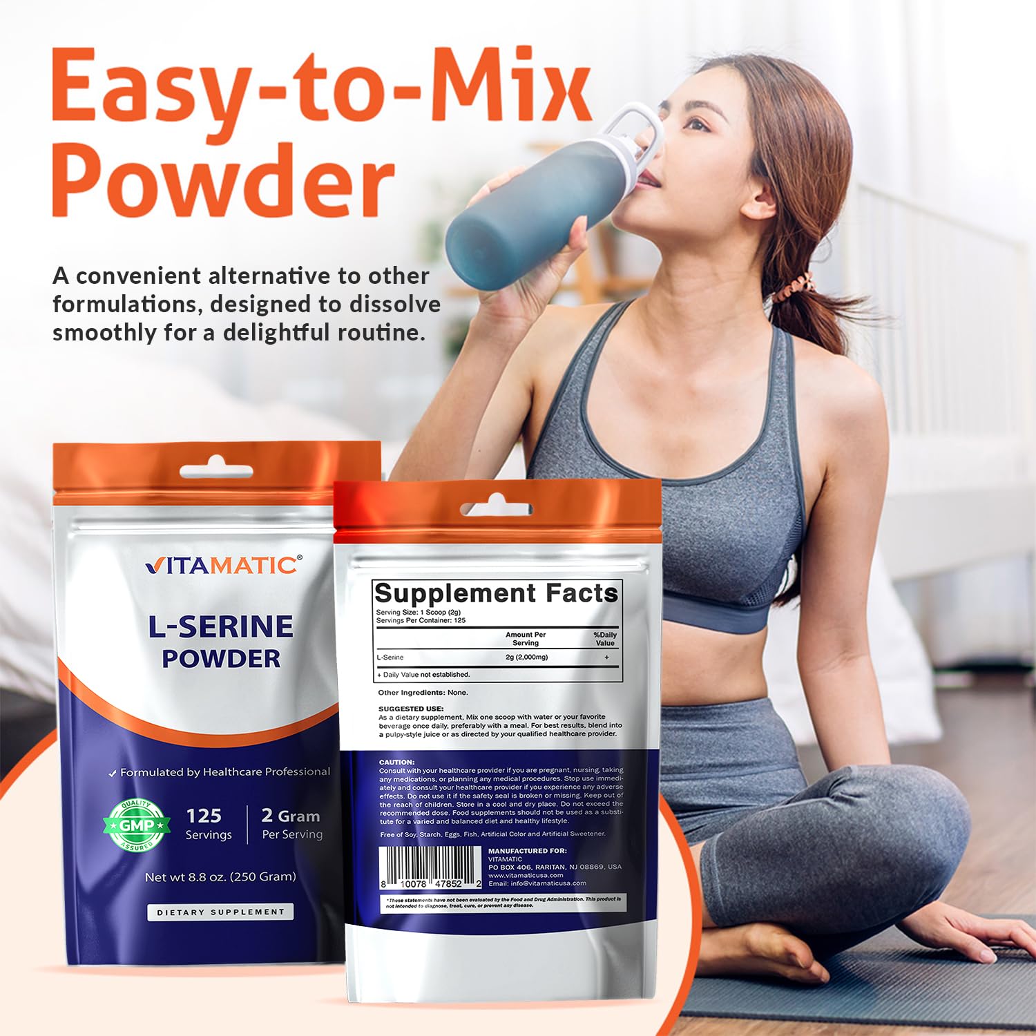 Vitamatic L-Serine Pure Powder 250 Gram | 2000 mg per Serving | 125 Servings | Unflavored | No Additives | Free of Soy, Eggs, Fish & Artificial Ingredients Vitamatic buy supplements canada