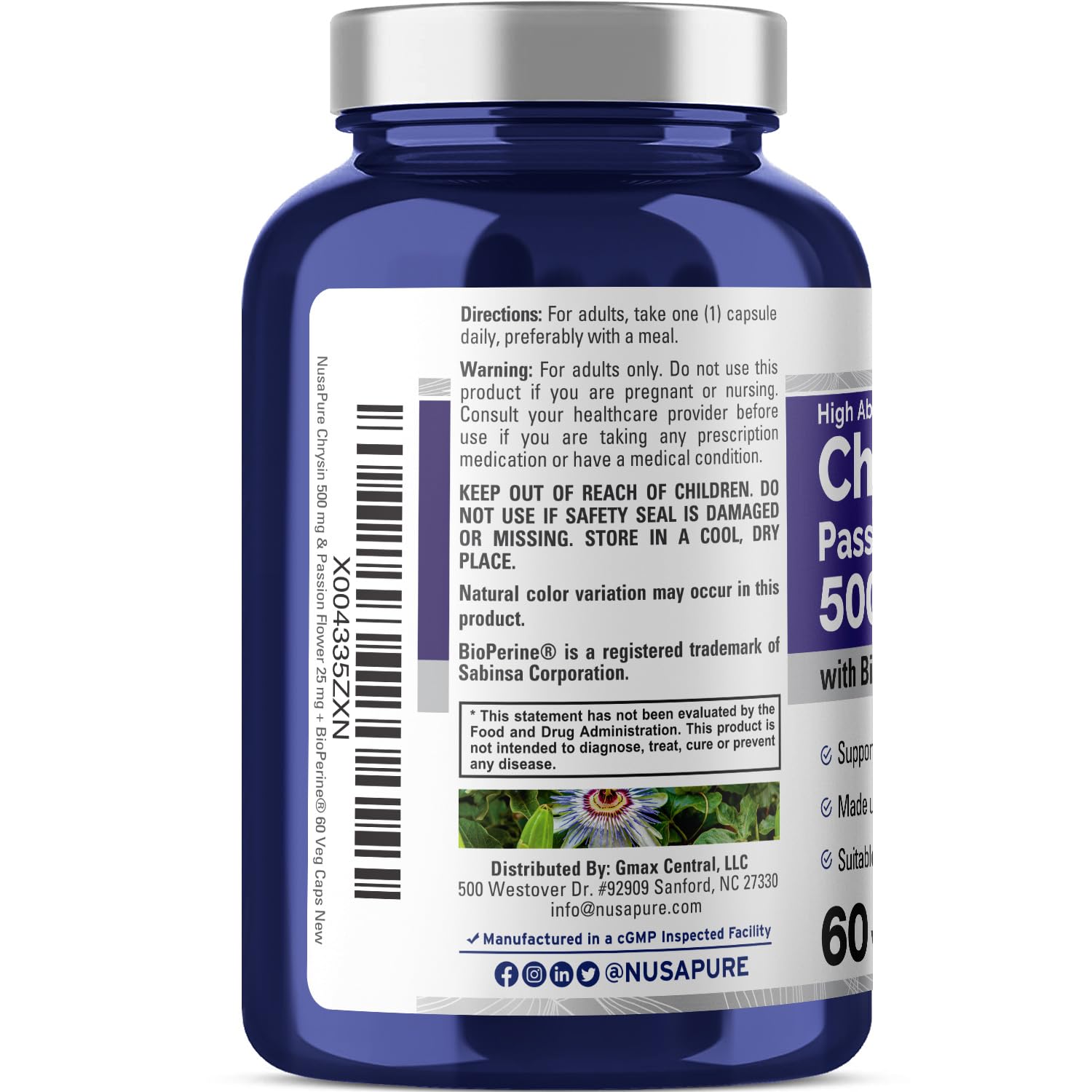NusaPure Chrysin 500mg, 60 Veggie Capsules | Passion Flower Complex 500mg Supplement | 5, 7-Dihydroxyflavone | Concentrated Extract | Non-GMO, BioPerine & Vegan NusaPure buy supplements canada