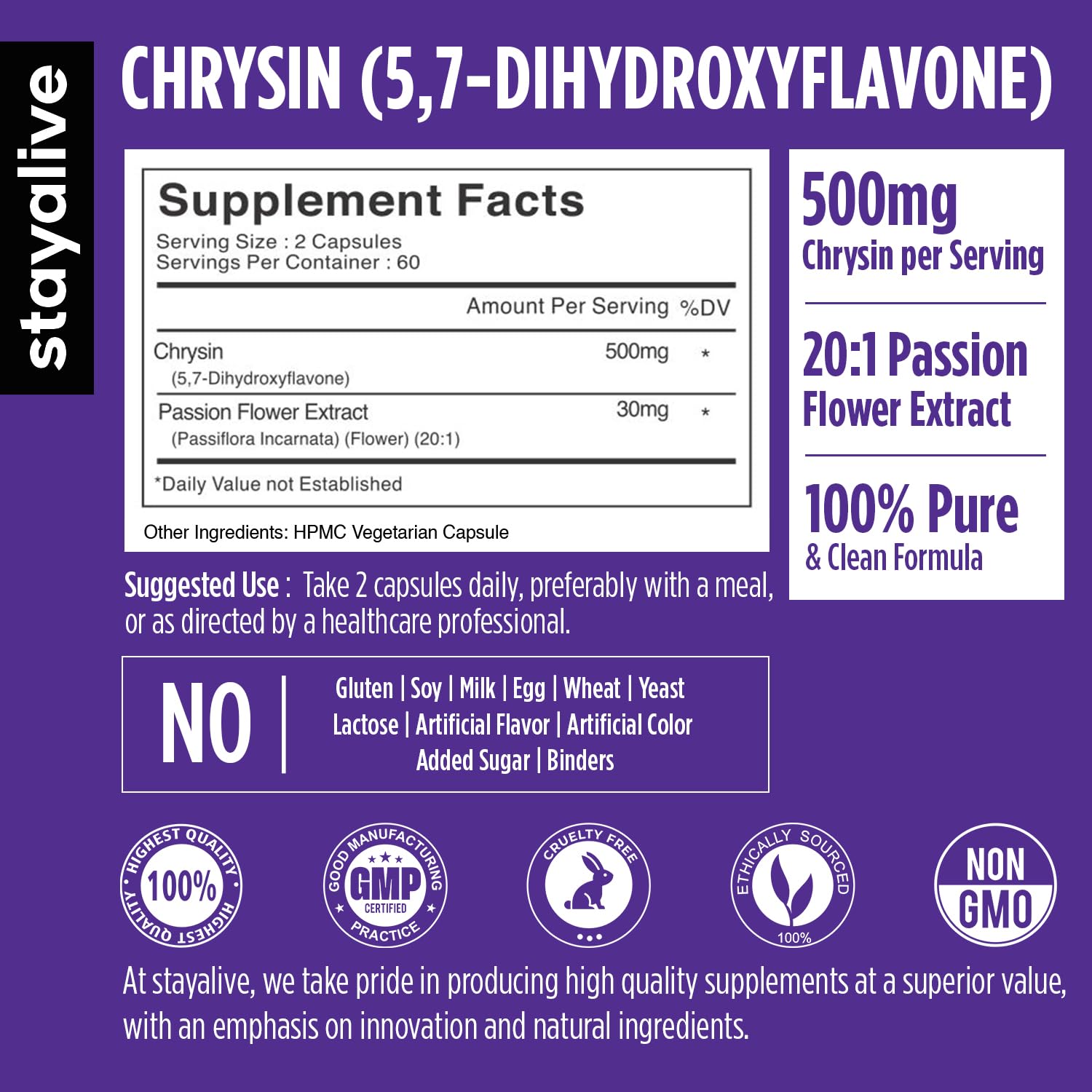 STAY ALIVE Chrysin Supplement 500mg & Passion Flower Extract Powder, 5,7-Dihydroxyflavone, Non-GMO and Gluten-Free Chrysin for Men and Women, 120 Capsules STAY ALIVE buy supplements canada