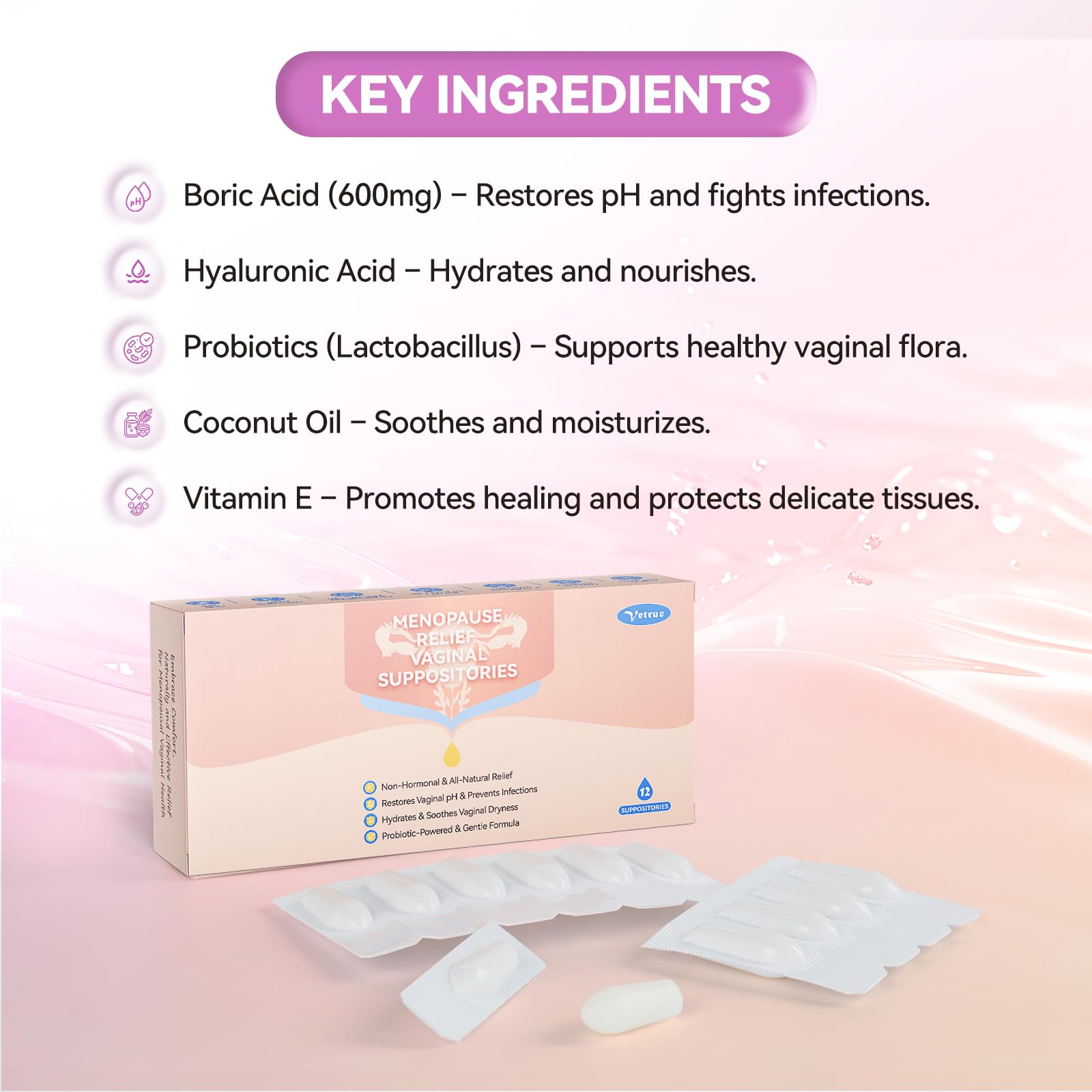 Vetrue Menopause Relief Vaginal Suppositories, Non-Hormonal, All-Natural Formula with Boric Acid, Hyaluronic Acid, Probiotics, Coconut Oil & Vitamin E, Soothes Vaginal Dryness & Discomfort(12 Inserts) vetrue buy supplements canada