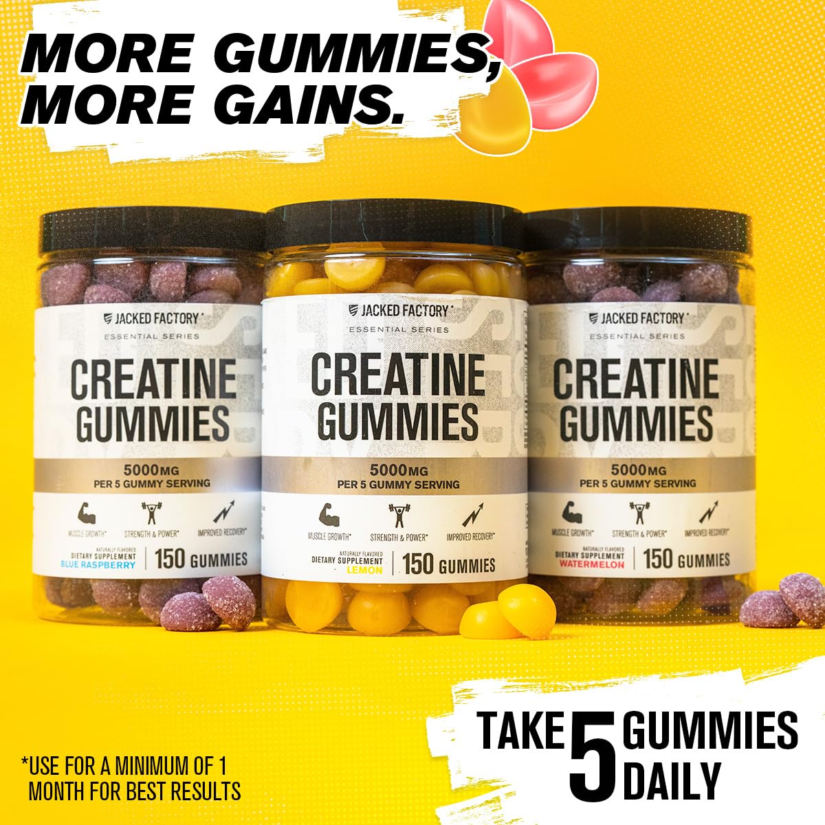 Jacked Factory Creatine Gummies 5g Daily Dose (1g per Gummy) - Creatine Gummy for Men and Women, Vegan-Friendly, Travel-Friendly, Third-Party Tested - 150 Gummies, Blue Raspberry Jacked Factory buy supplements canada