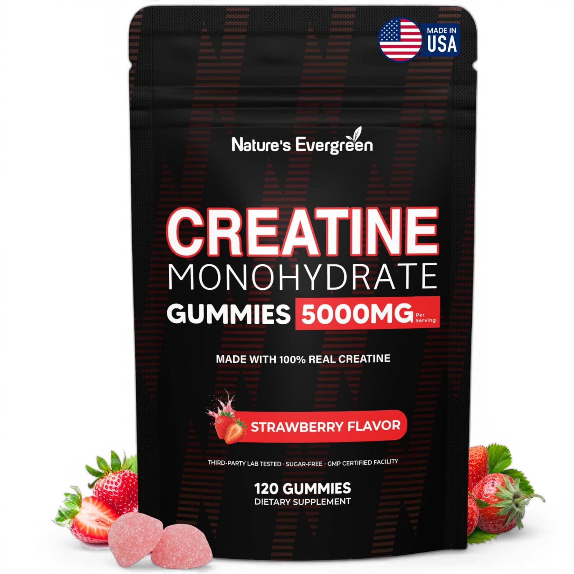 Creatine Monohydrate 5000mg Gummies, Pre-Workout 5g Creatine Gummy Supplement for Men & Women: Muscle Builder & Energy Boost, Sugar Free, Vegan, Strawberry Flavor, (120 Count) Made in USA Nature's Evergreen buy supplements canada