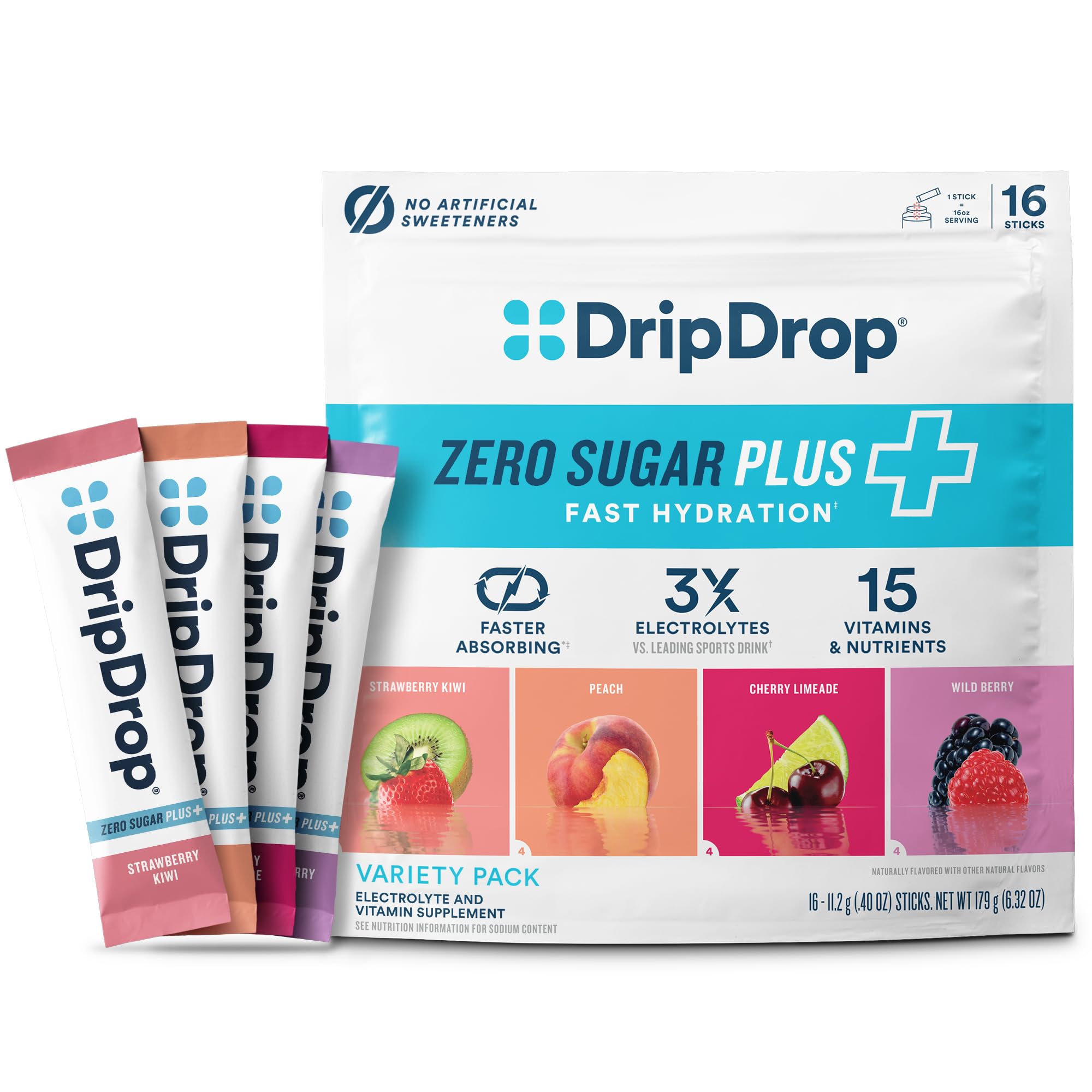 DripDrop Zero Sugar Plus - Sugar Free Hydration Packets - Single Serve Electrolytes Powder Drink Mix - Strawberry Kiwi, Peach, Cherry Limeade, Wild Berry DripDrop buy supplements canada