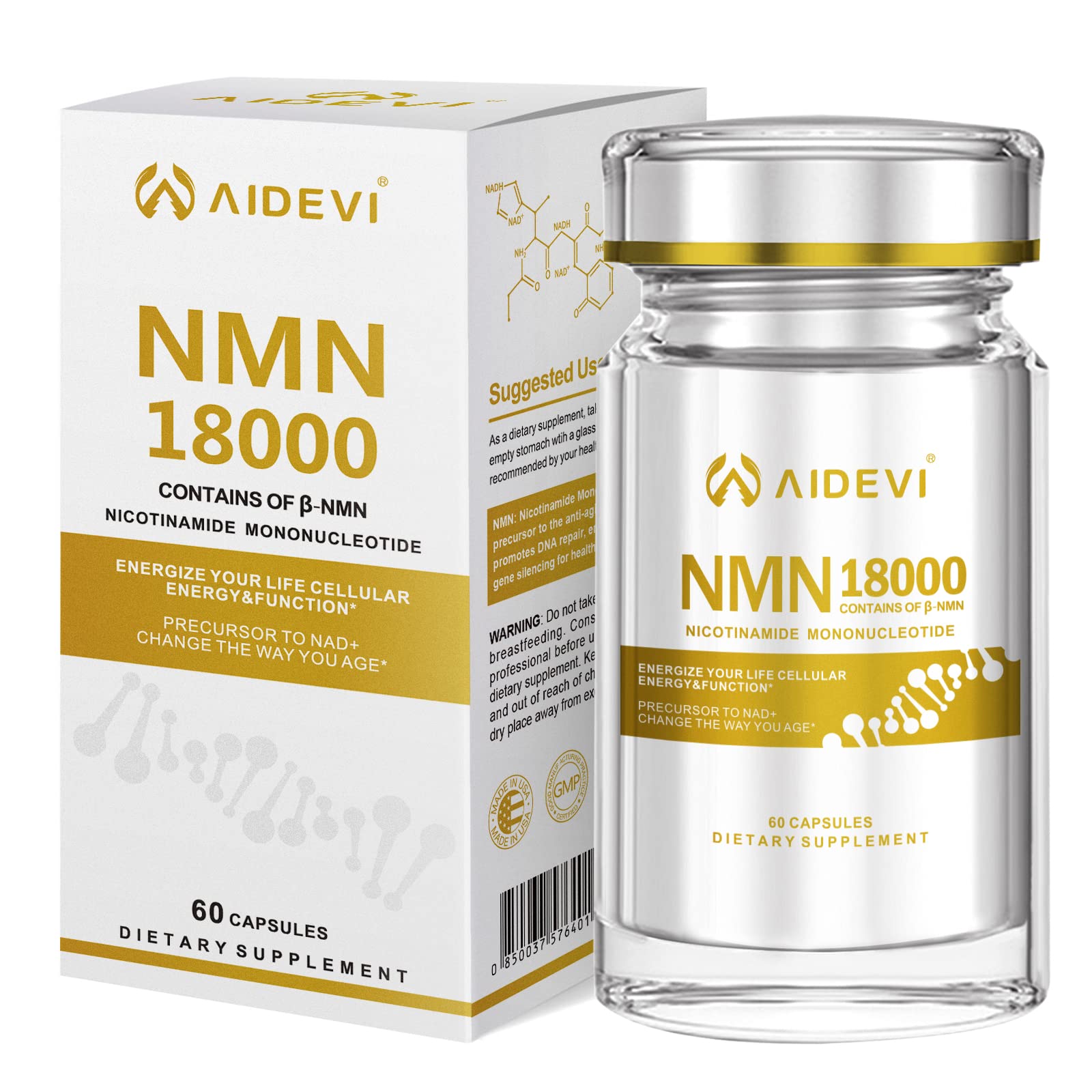 AIDEVI NMN 18000 - Nicotinamide Mononucleotide Supplement with Resveratrol, Stabilized Form & 99% High Purity to Boost NAD+ Levels for DNA Repair Supplement, for Healthy Aging, 60 Capsules AIDEVI buy supplements canada