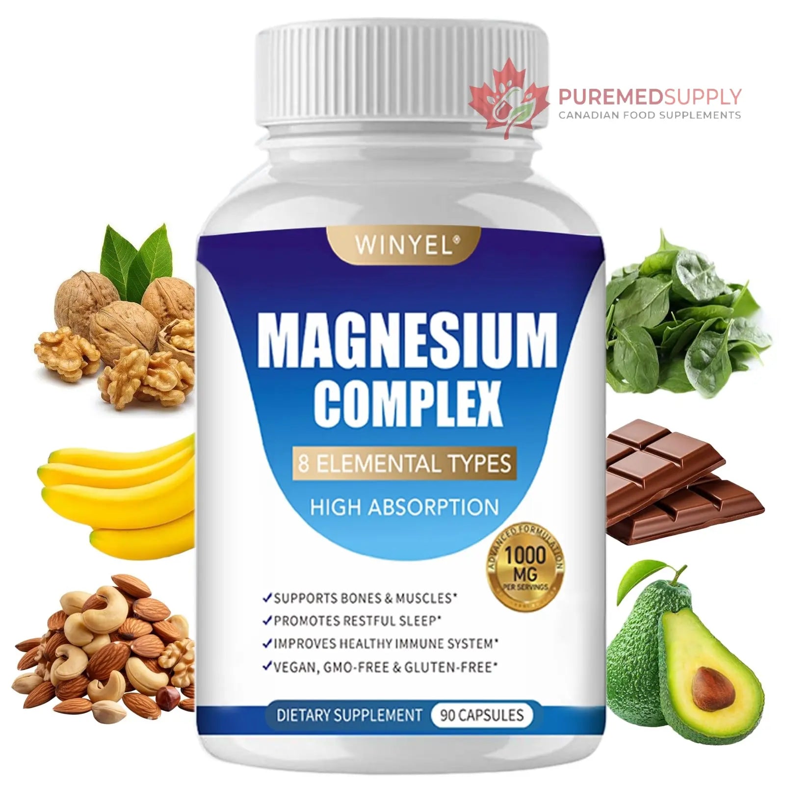 Magnesium Complex Supplement 8 Elemental 1000mg | Magnesium Supplement with Glycinate, Malate, Citrate | Sleep, Relaxation, Bone & Muscle | Vegan 90 Capsules WINYEL buy supplements canada