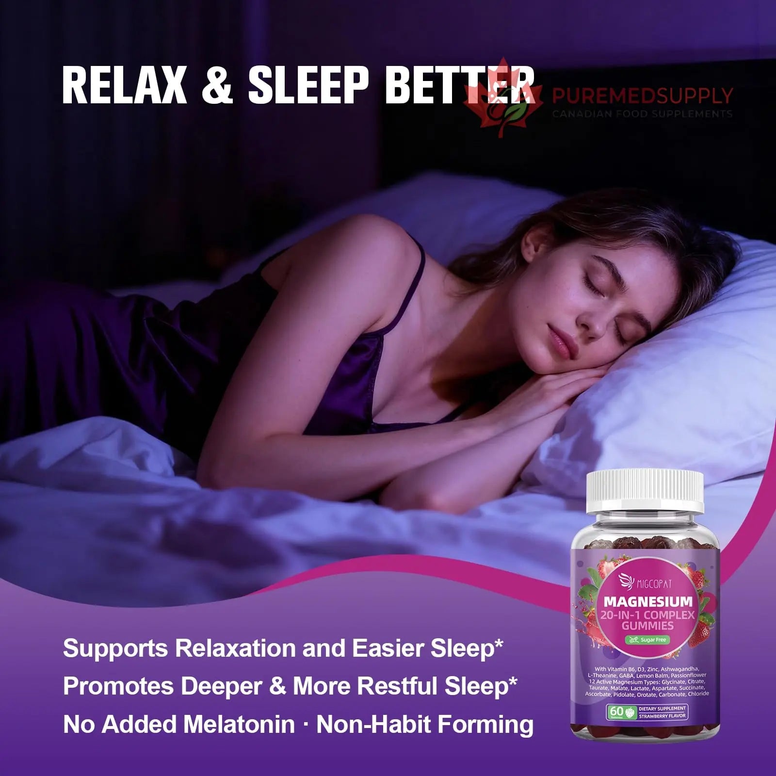 Migcopat Magnesium Complex Gummies, 20 in 1 Magnesium Gummy with Glycinate Citrate Malate Taurate - Ashwagandha, L-Theanine, D3&Zinc for Relaxation, Sleep, Muscle&Heart Support, Strawberry, 60 Cts Migcopat buy supplements canada