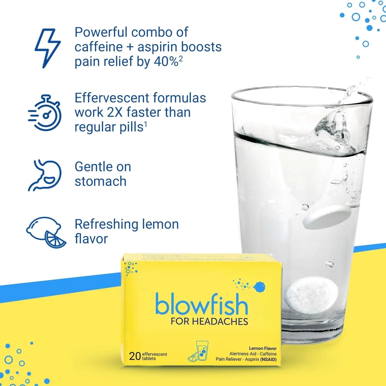 Blowfish for Headaches | Maximum Strength Effervescent Pain Relief Tablets – Treats Headaches Fast, 2X Faster Than Pills – Lemon Flavor (2 Pack) Blowfish buy supplements canada