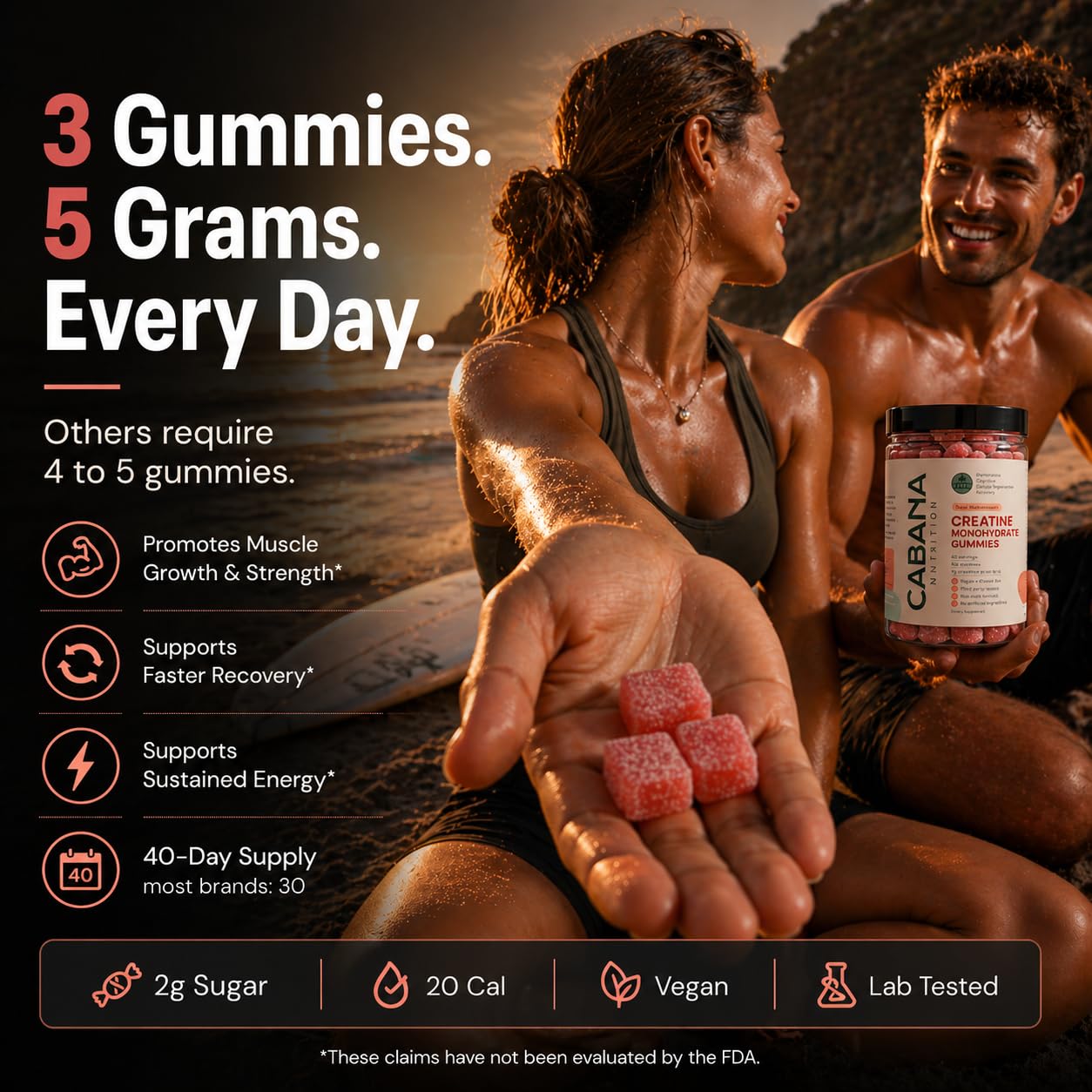 Creatine Monohydrate Gummies 5g - Only 2g Sugar, Made in USA - Sour Watermelon Flavor - Vegan & 3rd Party Tested - Pre & Post Workout Supplement for Women and Men (120 Count, 40 Servings) Cabana Nutrition buy supplements canada